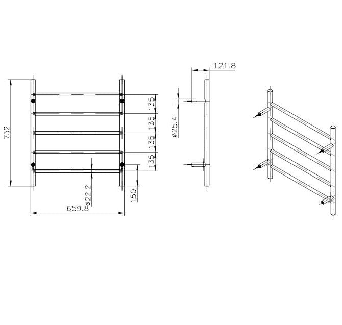 LINSOL AVID 5-BAR HEATED TOWEL RAIL BRUSHED NICKEL 750MM