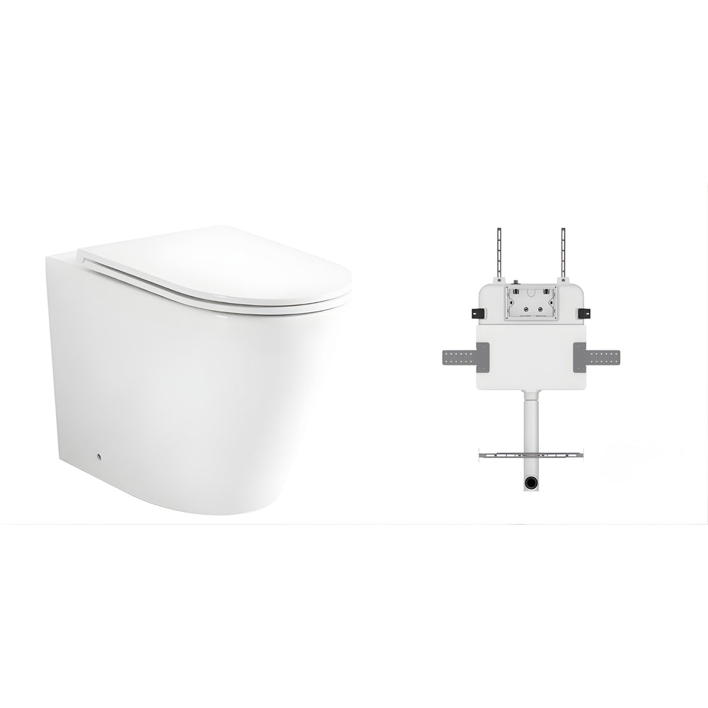 ZUMI JAVA RIMLESS WALL FACED FLOOR PAN WITH R&T IN WALL CISTERN & FLUSH BUTTON PACKAGE GLOSS WHITE