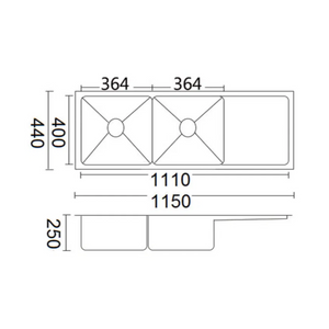 BELLA VISTA LUMINARE DOUBLE BOWL KITCHEN SINK WITH DRAINER STAINLESS STEEL 1150MM