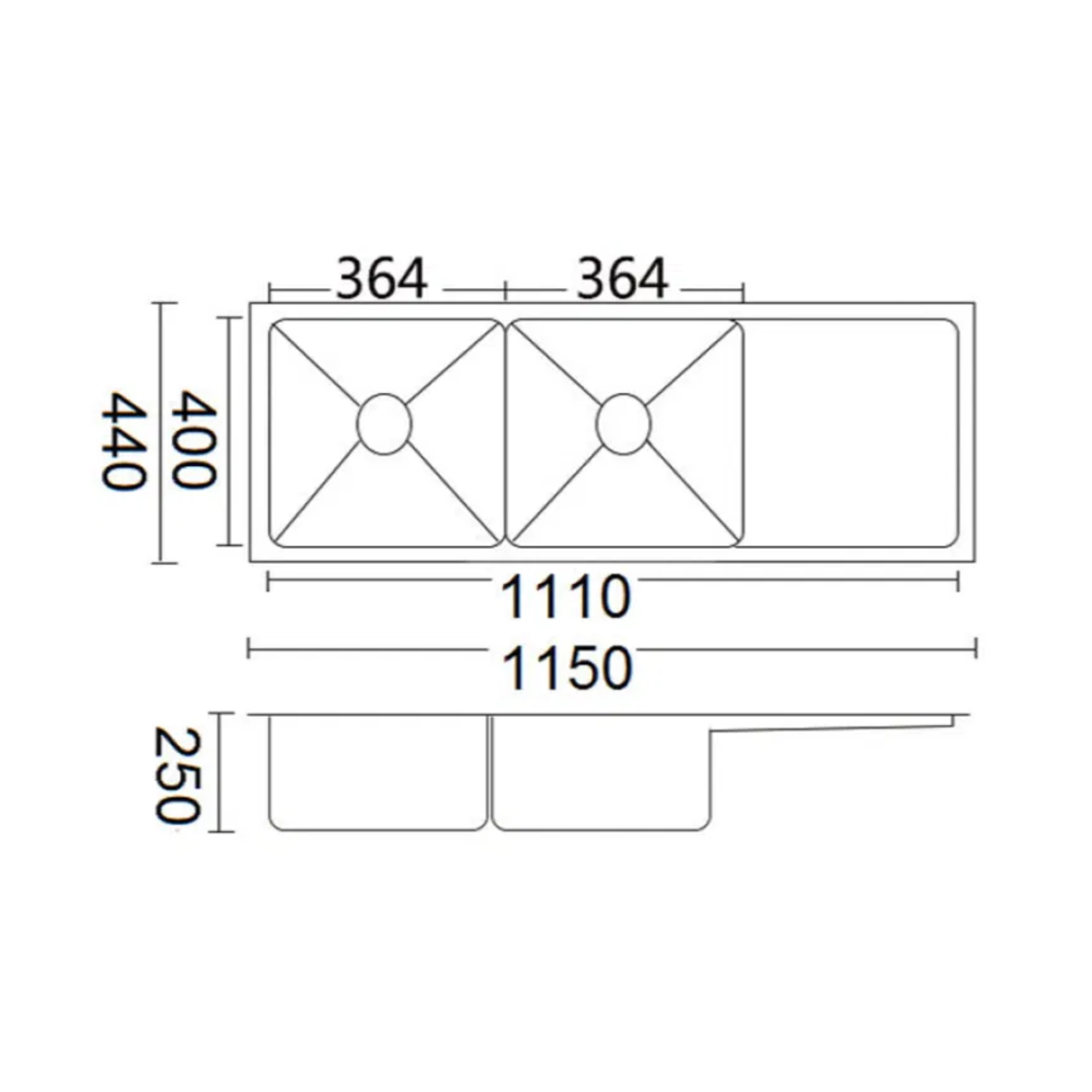 BELLA VISTA LUMINARE DOUBLE BOWL KITCHEN SINK WITH DRAINER STAINLESS STEEL 1150MM