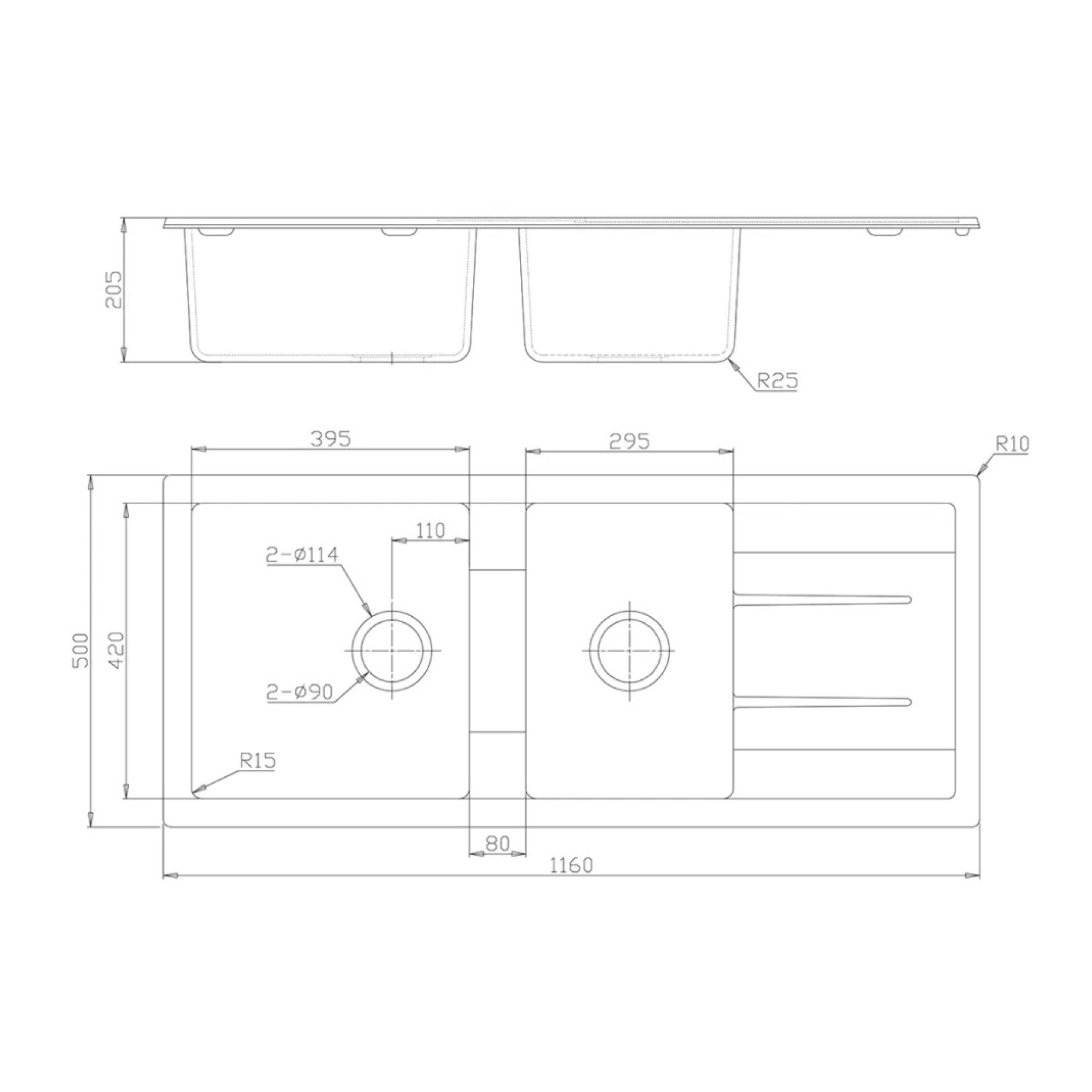 BELLA VISTA FOMOS DOUBLE BOWL GRANITE KITCHEN SINK WITH DRAINER BLACK 1160MM