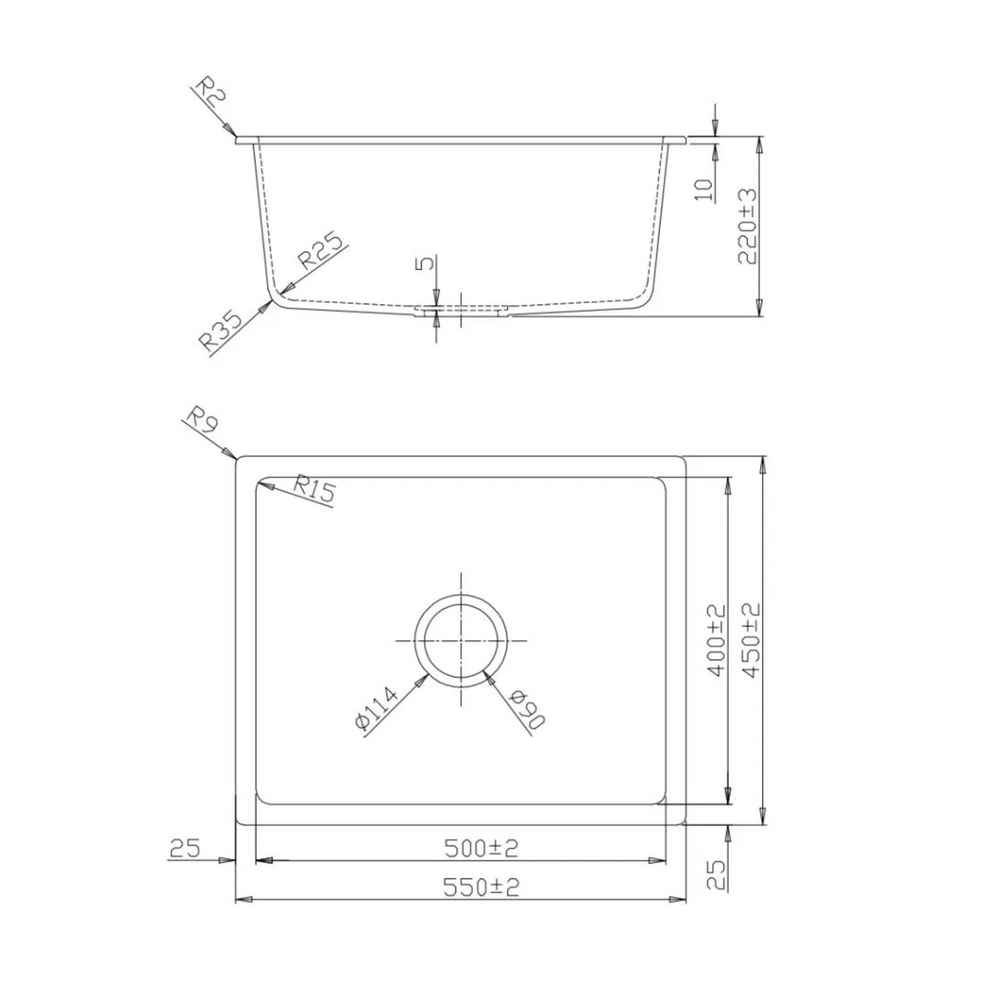 BELLA VISTA FOMOS SINGLE BOWL GRANITE KITCHEN SINK BLACK 550MM
