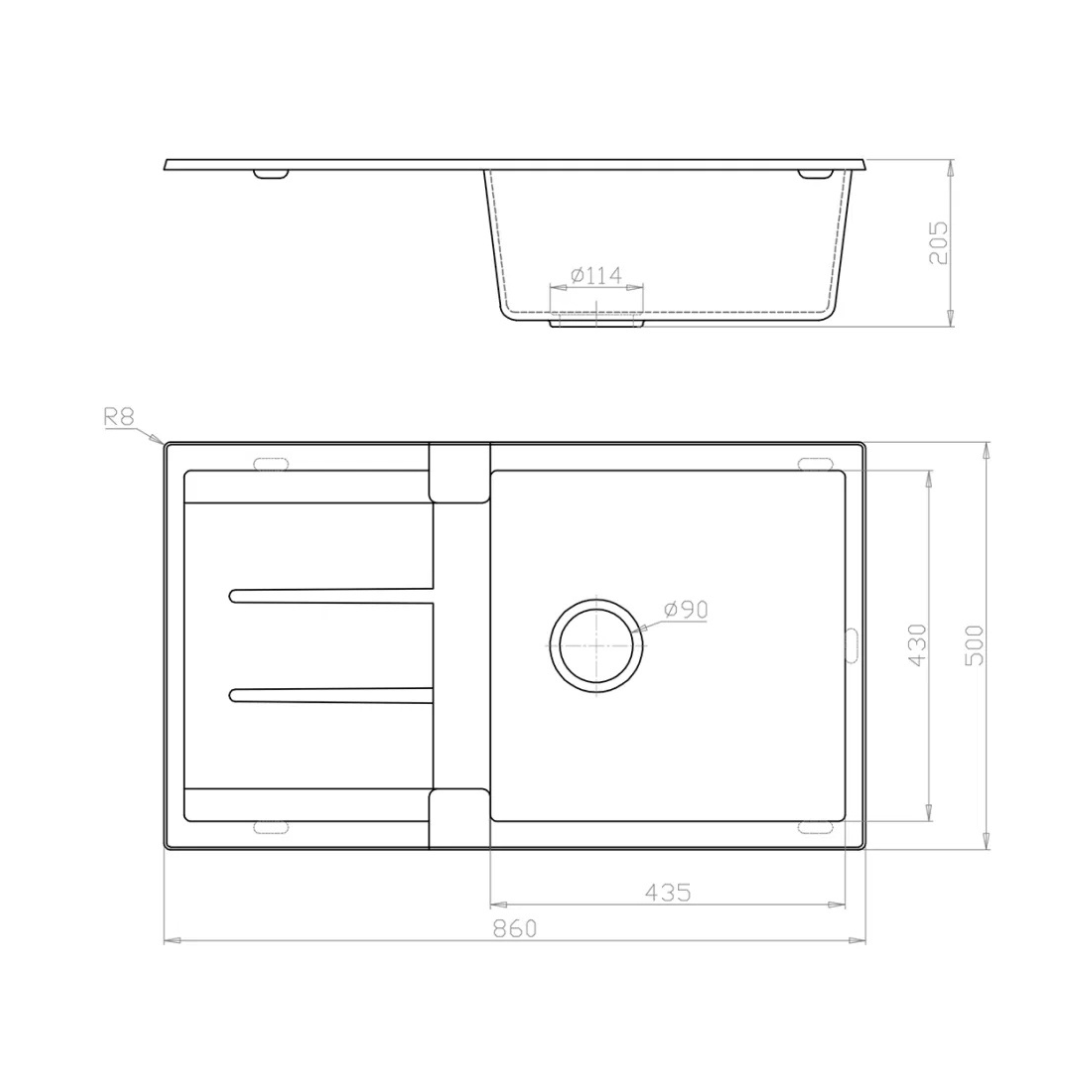 BELLA VISTA FOMOS SINGLE BOWL GRANITE KITCHEN SINK WITH DRAINER BLACK 860MM
