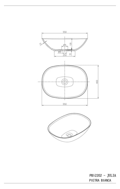 PIETRA BIANCA JULIA ABOVE COUNTER STONE BASIN WITH CUSTOM COLOURS 550MM