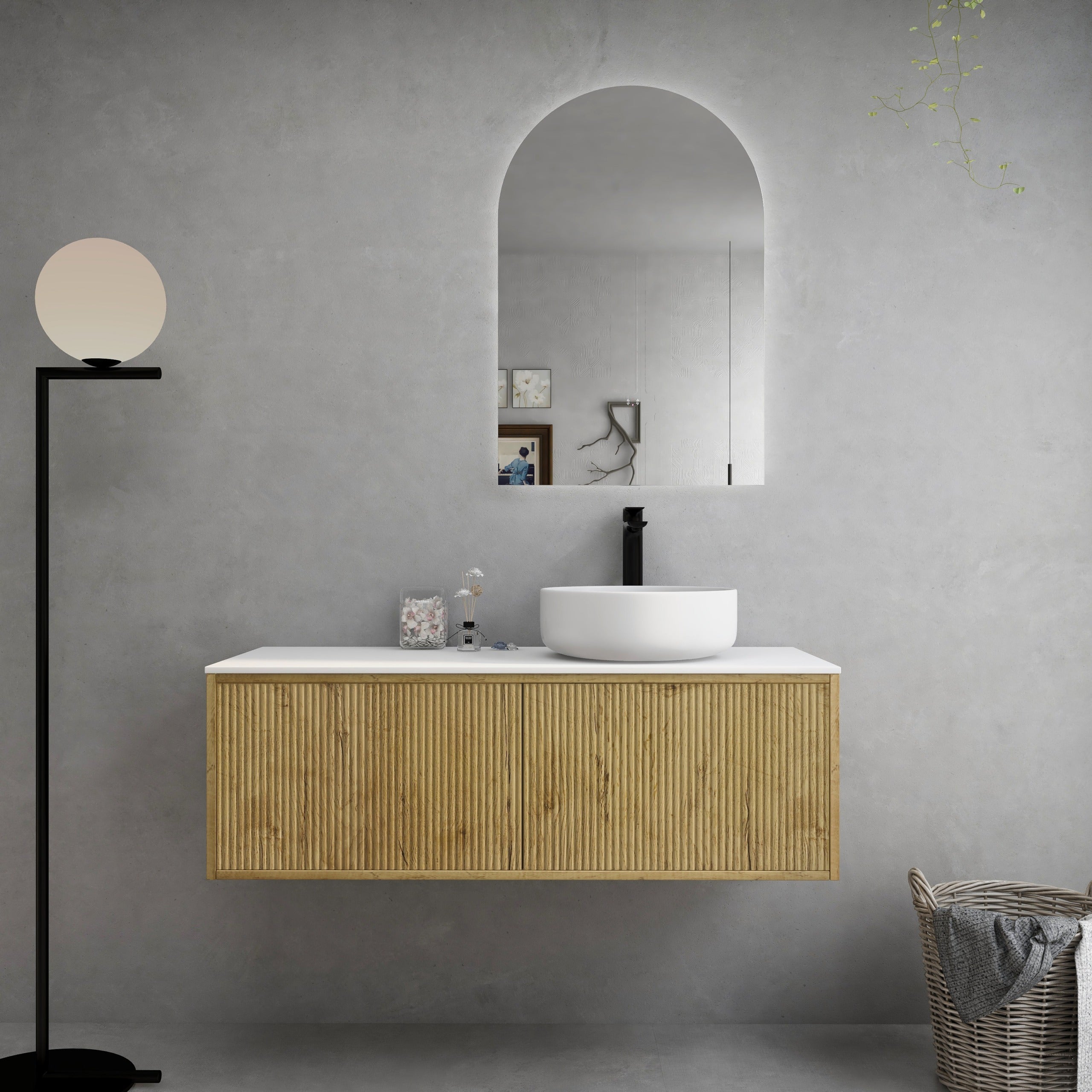 CETO BELLEVUE PRIME OAK 1200MM SPACE SAVING SINGLE BOWL WALL HUNG VANITY AVAILABLE IN LEFT HAND DRAWER AND RIGHT HAND DRAWER