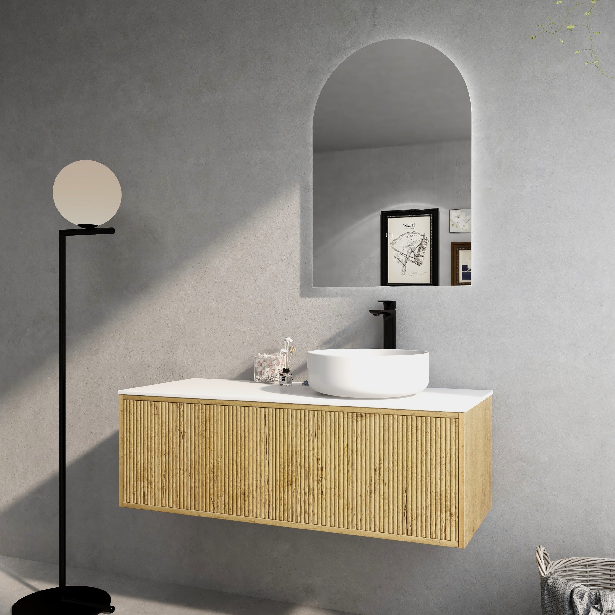 CETO BELLEVUE PRIME OAK 1200MM SPACE SAVING SINGLE BOWL WALL HUNG VANITY AVAILABLE IN LEFT HAND DRAWER AND RIGHT HAND DRAWER