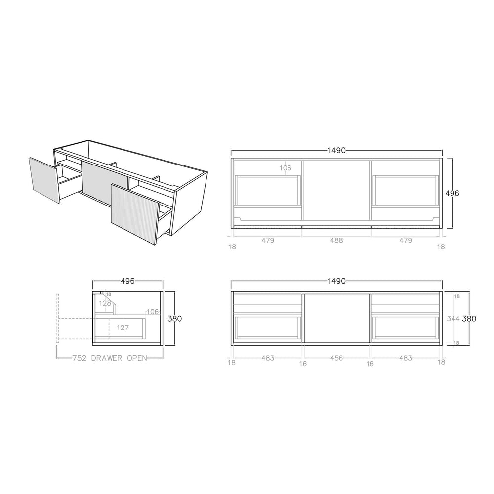 CETO BELLEVUE COASTAL OAK 1500MM SINGLE BOWL WALL HUNG VANITY