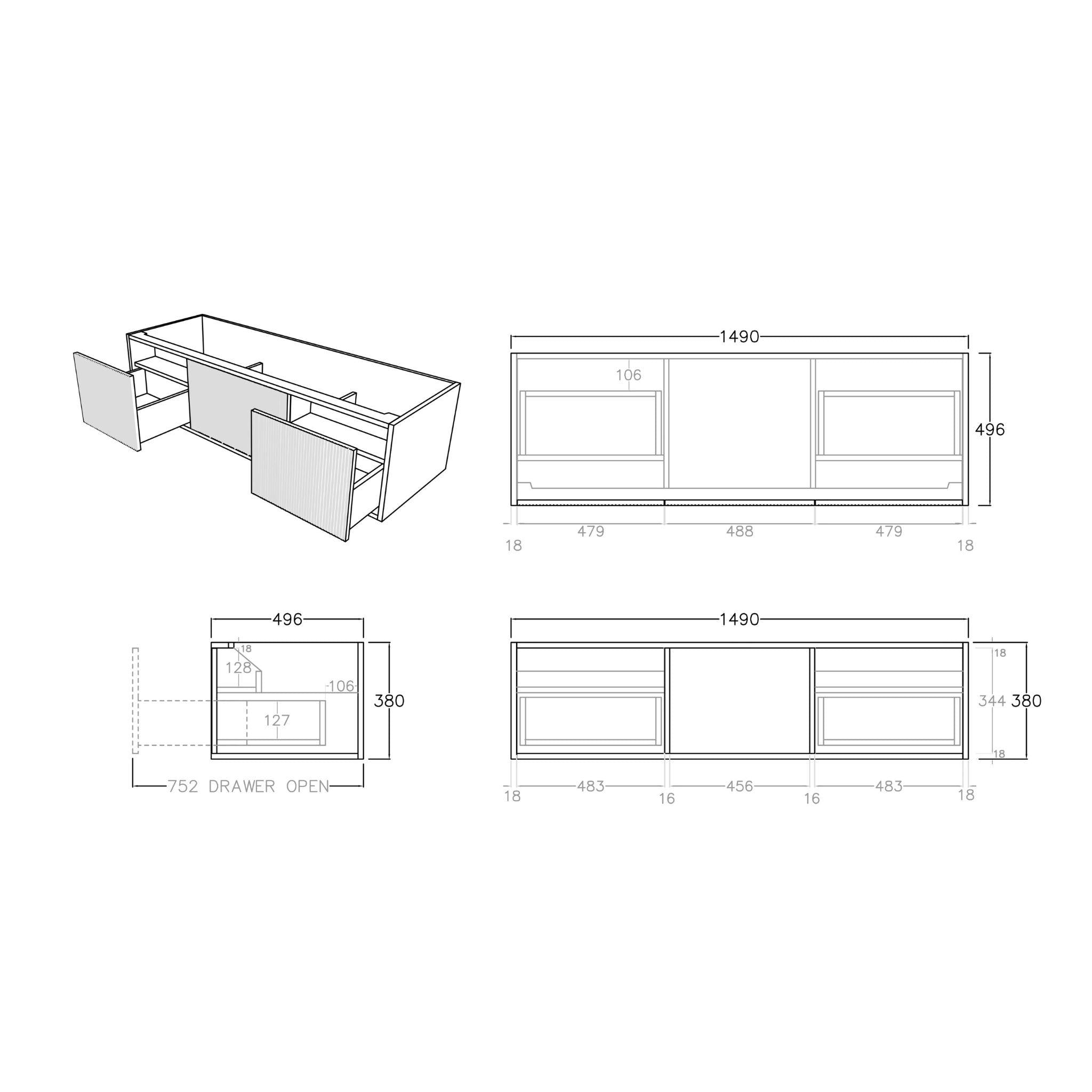 CETO BELLEVUE PRIME OAK 1500MM SINGLE BOWL WALL HUNG VANITY