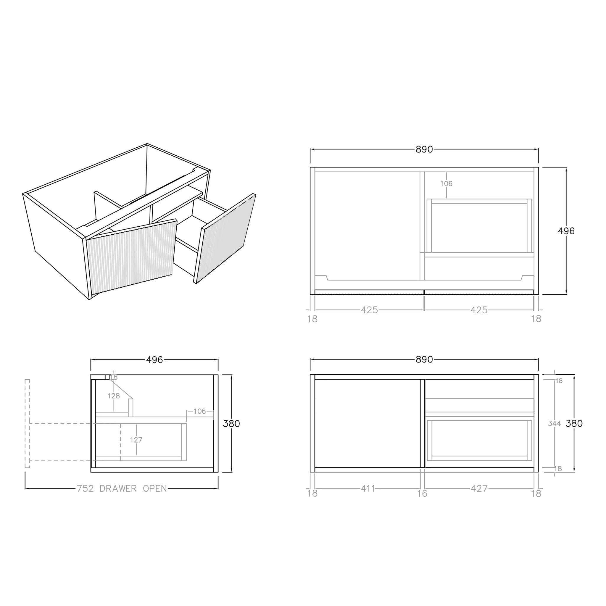 CETO BELLEVUE COASTAL OAK 900MM SINGLE BOWL WALL HUNG VANITY (AVAILABLE IN LEFT HAND DRAWER AND RIGHT HAND DRAWER)