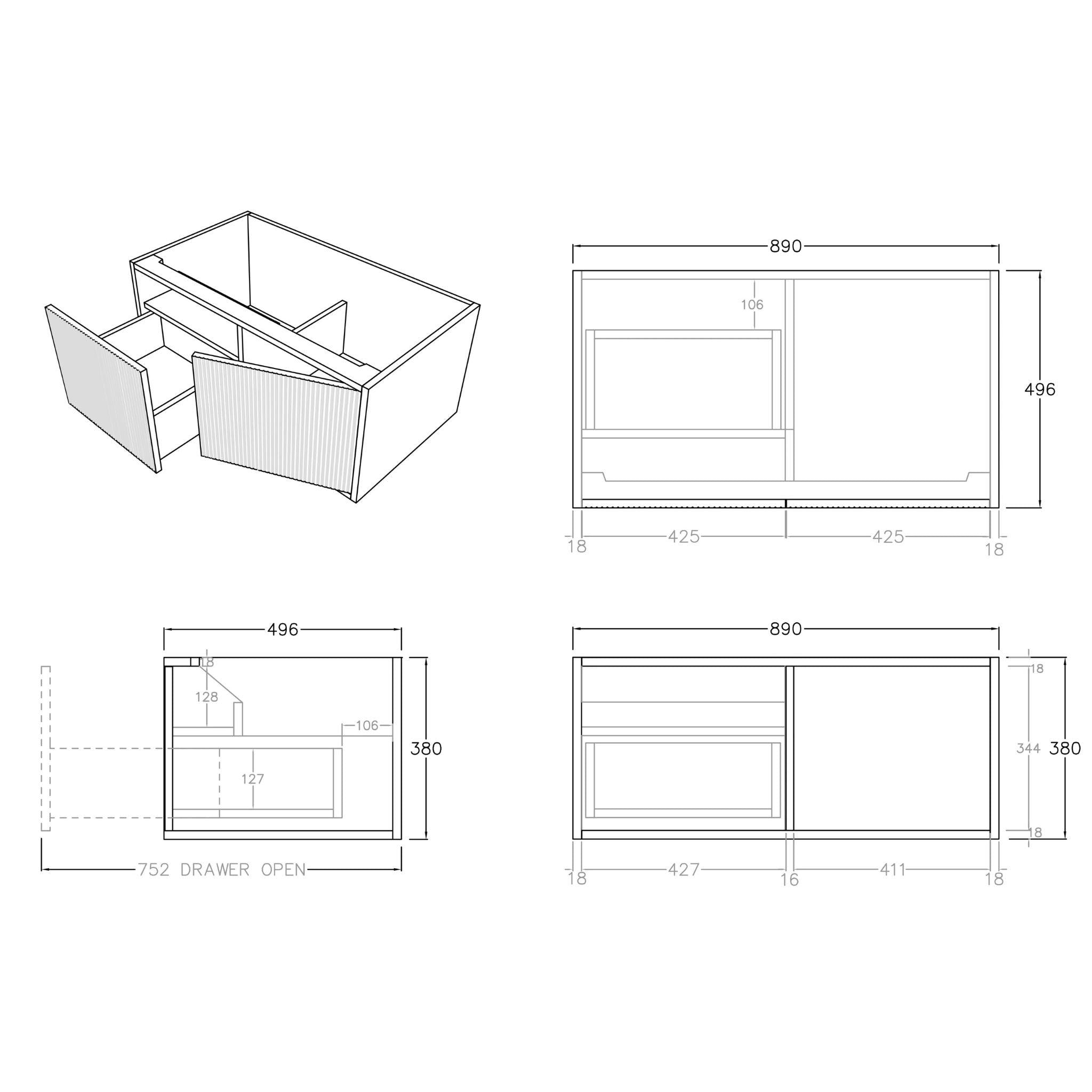 CETO BELLEVUE COASTAL OAK 900MM SINGLE BOWL WALL HUNG VANITY (AVAILABLE IN LEFT HAND DRAWER AND RIGHT HAND DRAWER)