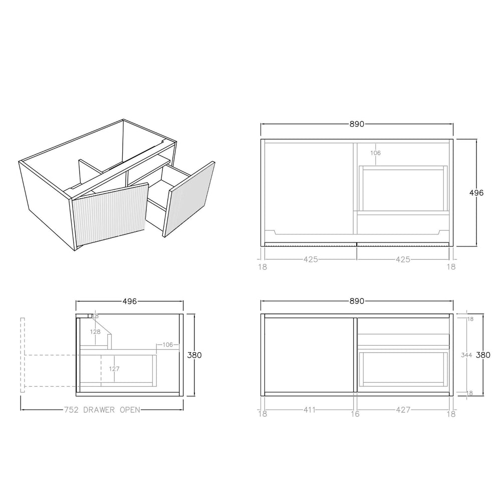 CETO BELLEVUE PRIME OAK 900MM SINGLE BOWL WALL HUNG VANITY (AVAILABLE IN LEFT AND RIGHT HAND DRAWER)