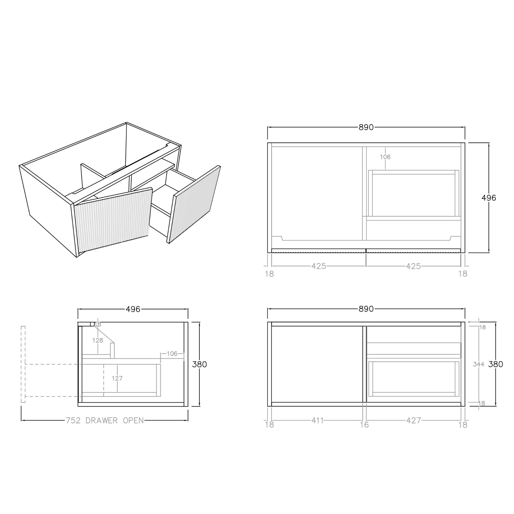CETO BELLEVUE PRIME OAK 900MM SINGLE BOWL WALL HUNG VANITY (AVAILABLE IN LEFT AND RIGHT HAND DRAWER)