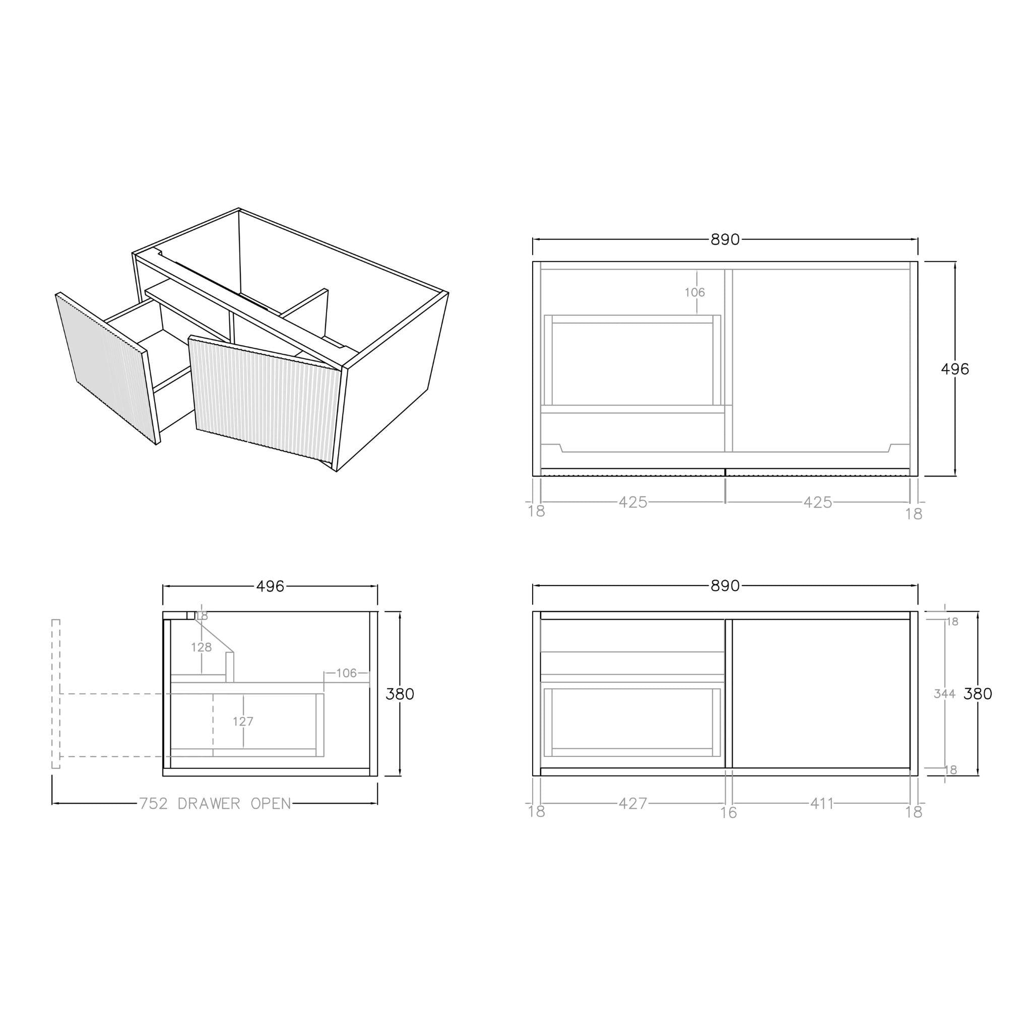 CETO BELLEVUE PRIME OAK 900MM SINGLE BOWL WALL HUNG VANITY (AVAILABLE IN LEFT AND RIGHT HAND DRAWER)
