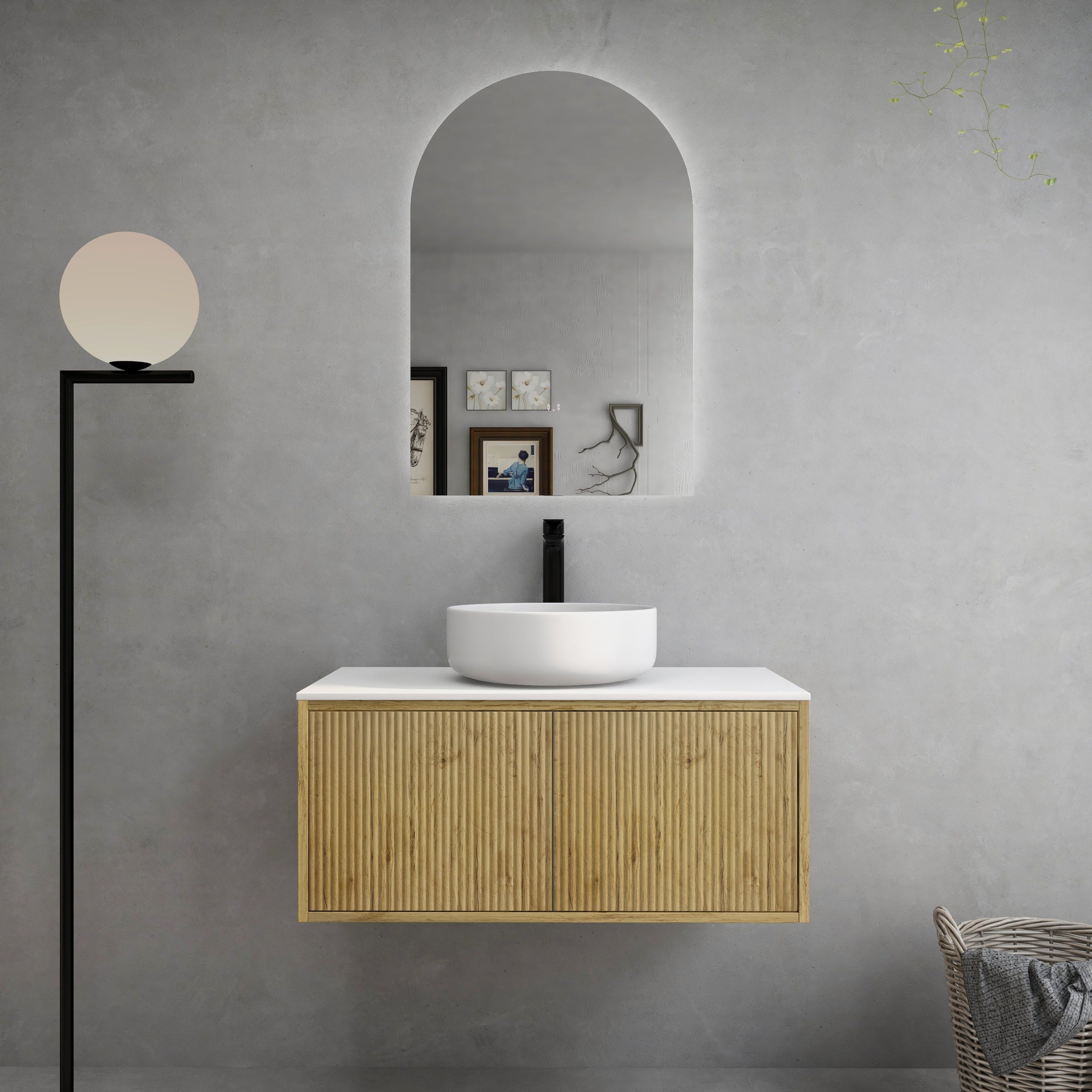 CETO BELLEVUE PRIME OAK 900MM SPACE SAVING SINGLE BOWL WALL HUNG VANITY  AVAILABLE IN LEFT HAND DRAWER AND RIGHT HAND DRAWER
