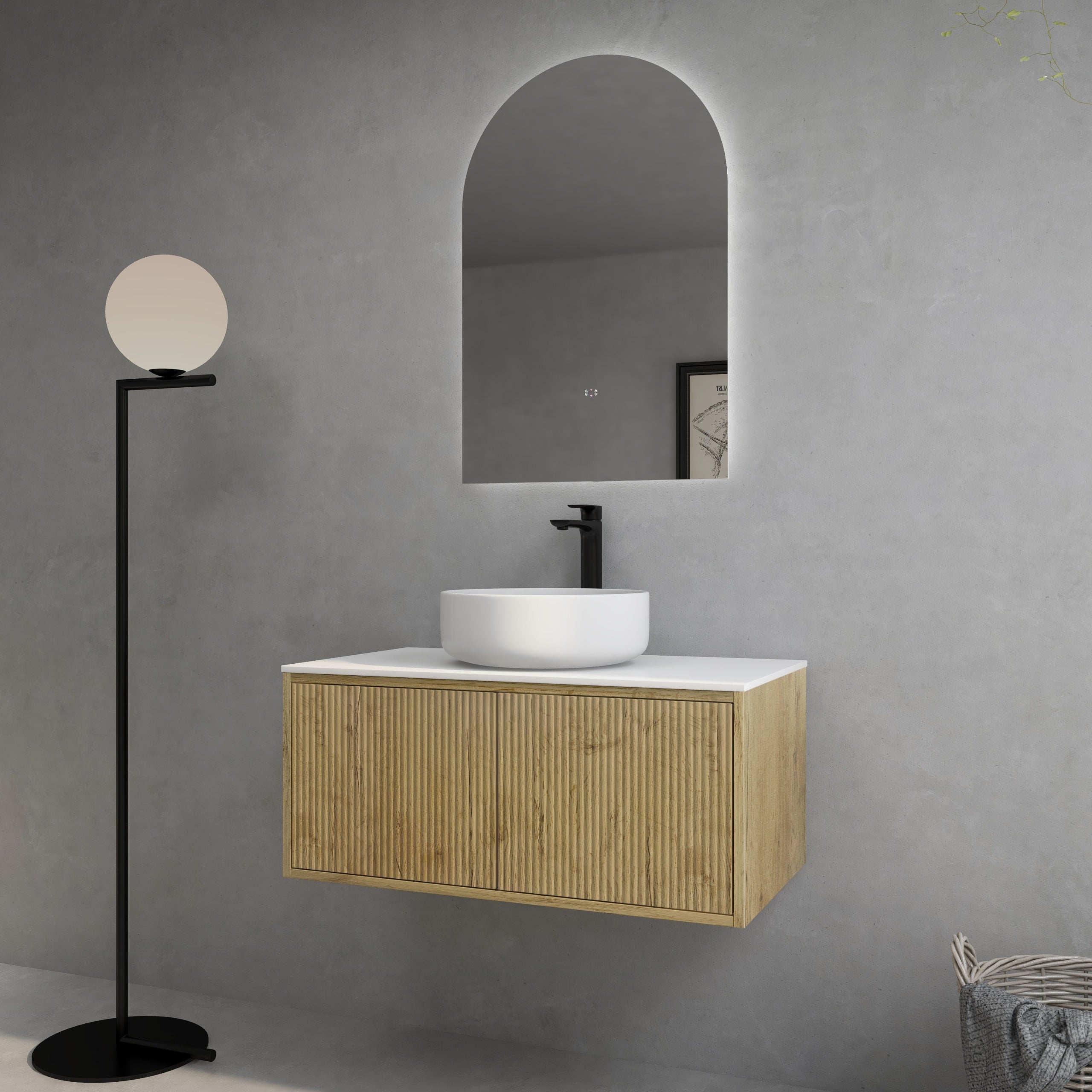 CETO BELLEVUE PRIME OAK 900MM SPACE SAVING SINGLE BOWL WALL HUNG VANITY  AVAILABLE IN LEFT HAND DRAWER AND RIGHT HAND DRAWER
