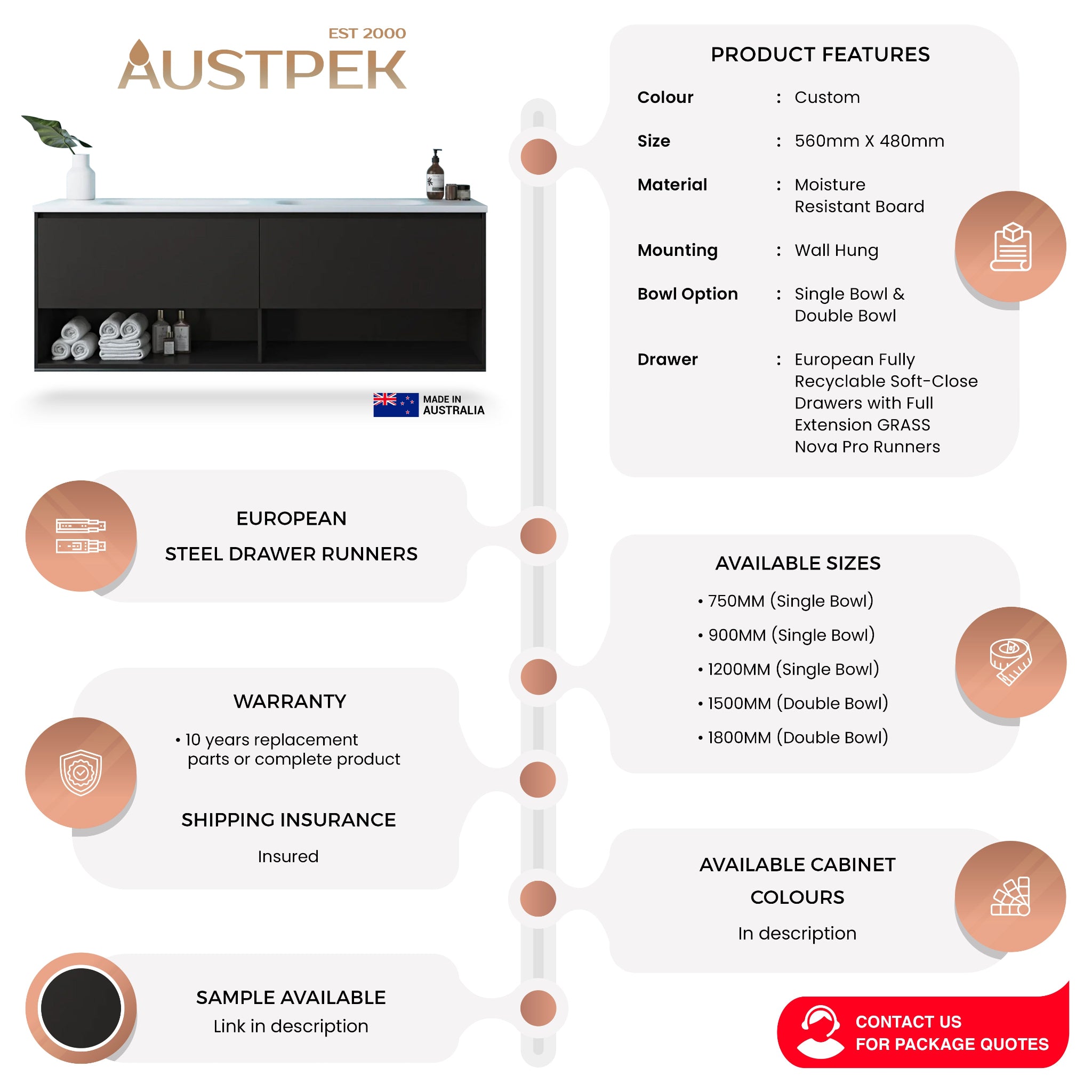 TIMBERLINE KANSAS CUSTOM WALL HUNG VANITY (ALL SIZING)