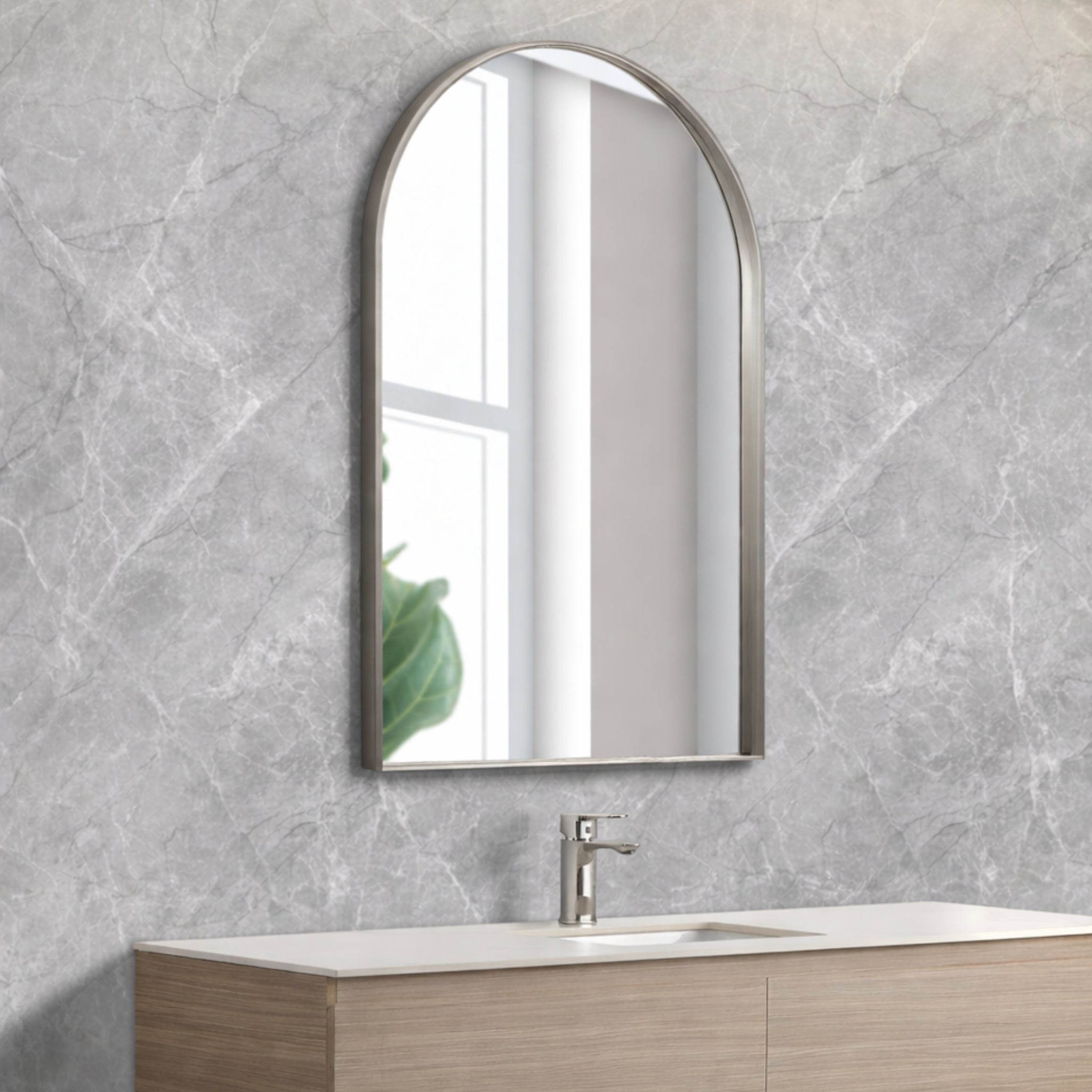 POSEIDON AURA ARCH ALUMINUM FRAMED MIRROR BRUSHED NICKEL 600X900MM