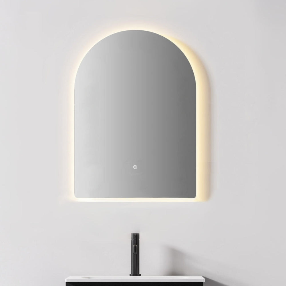 KB SIRRA ARCH FRAMELESS BACKLIT LED MIRROR WITH DEMISTER 3 COLOUR LIGHTS 600X900MM