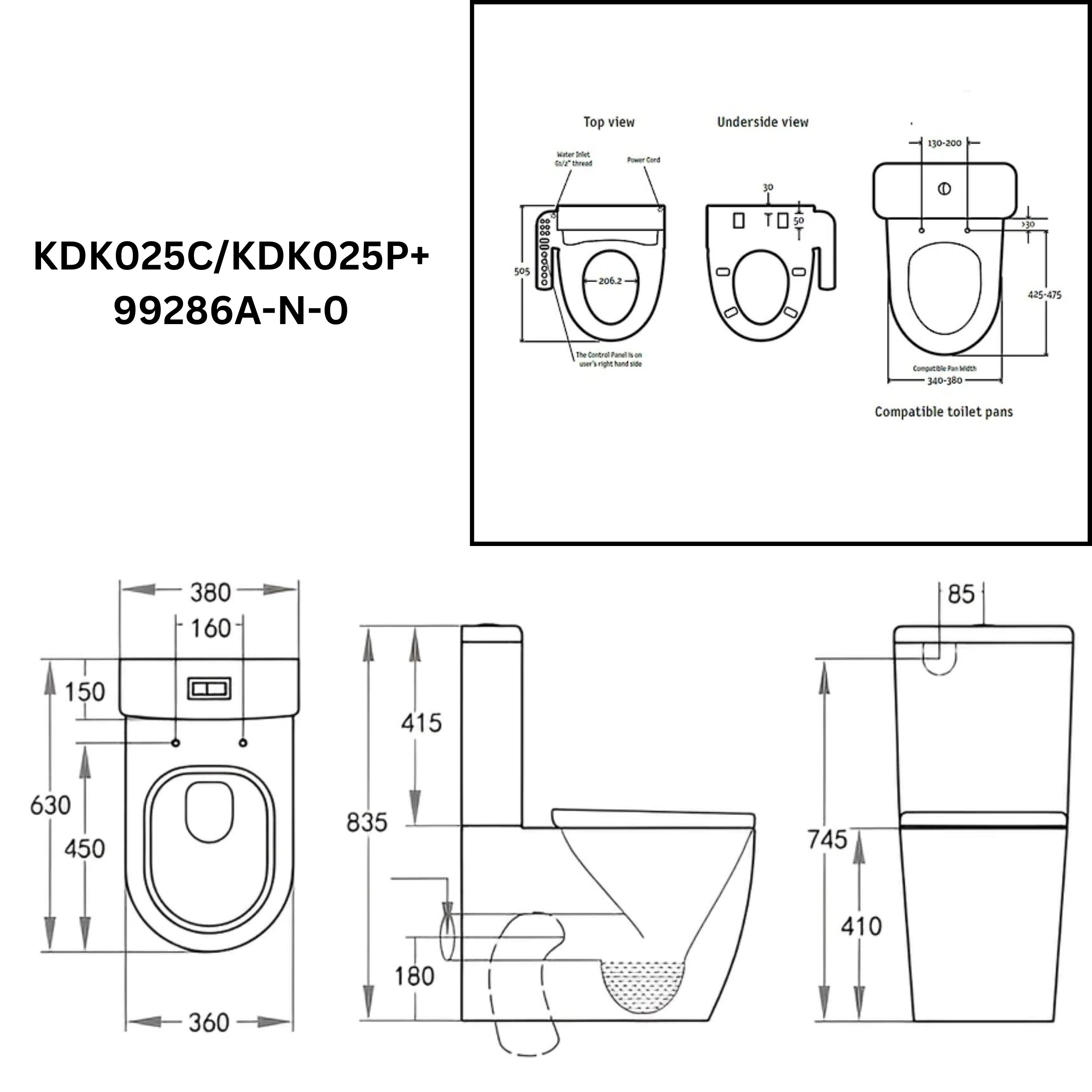 KOHLER ELECTRONIC BIDET SEAT W/ SIDE CONTROL AND VEDA BTW TOILET SUITE PACKAGE ELONGATED GLOSS WHITE