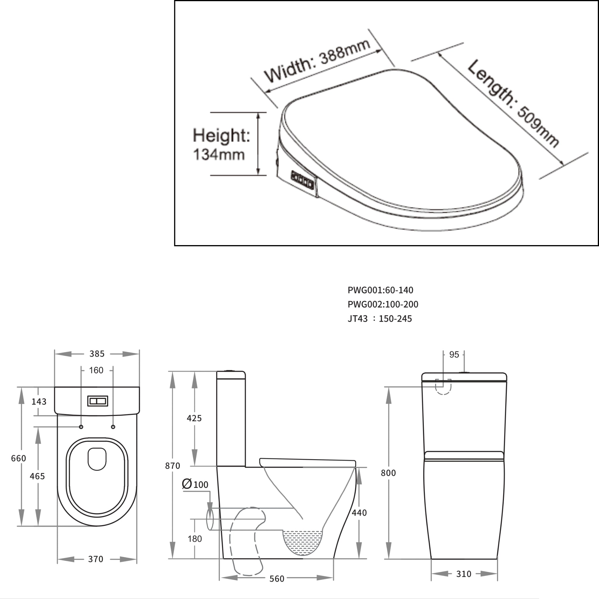 POSEIDON ZEUS RIMLESS BACK TO WALL SMART TOILET WITH REMOTE CONTROL GLOSS WHITE