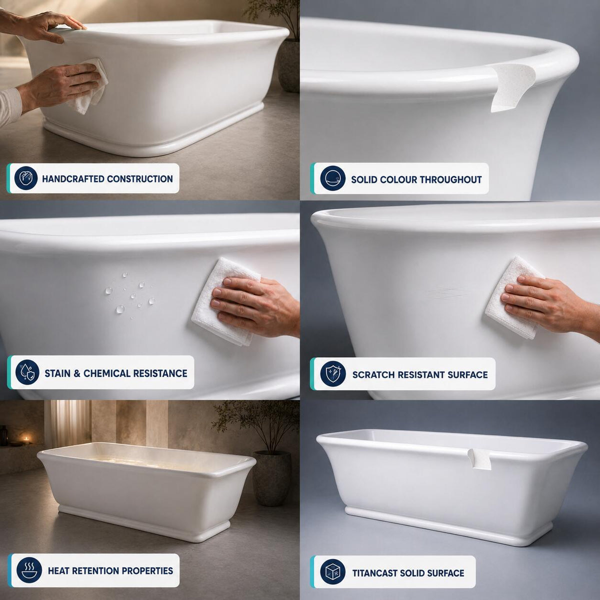 TURNER HASTINGS KIRKHAM TITANCAST SOLID SURFACE FREESTANDING BATHTUB GLOSS WHITE (AVAILABLE IN 1600MM & 1800MM)