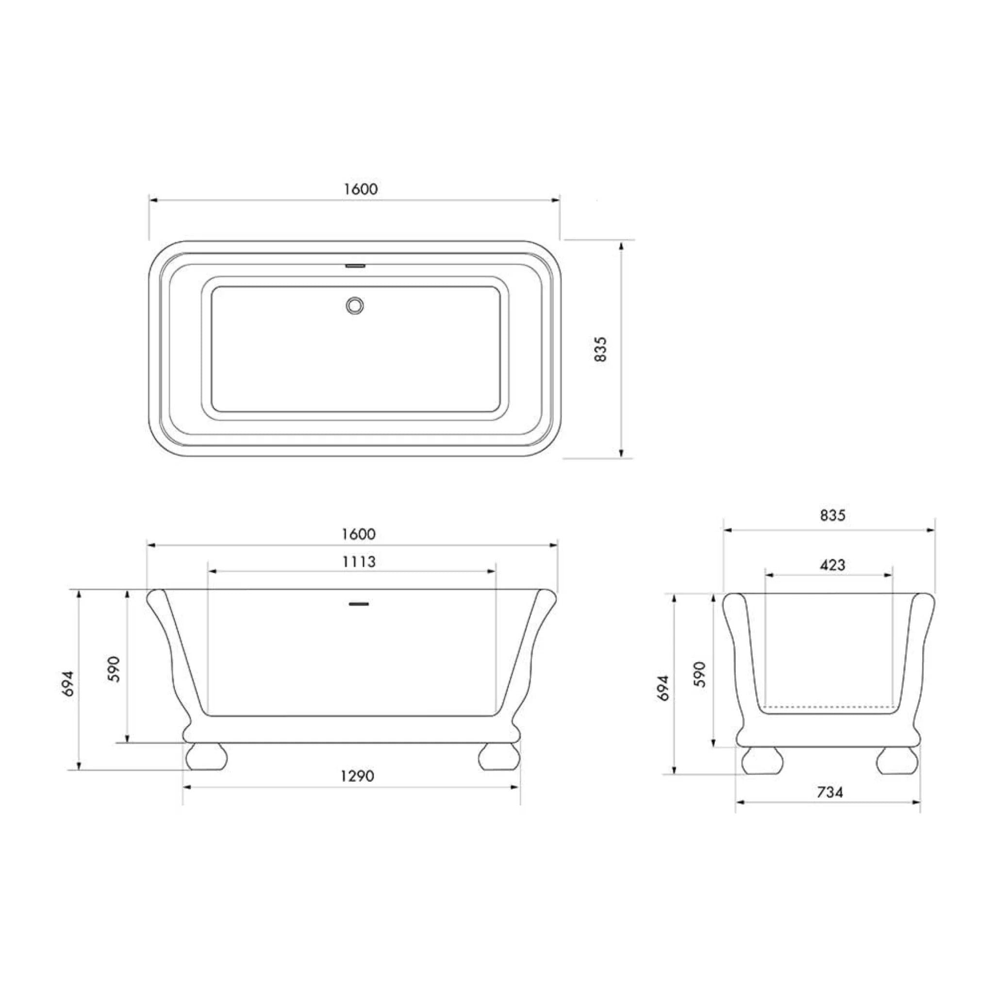 TURNER HASTINGS KIRKHAM TITANCAST SOLID SURFACE FREESTANDING BATHTUB WITH BALL FEET GLOSS WHITE WITH OVERFLOW (AVAILABLE IN 1600MM & 1800MM)