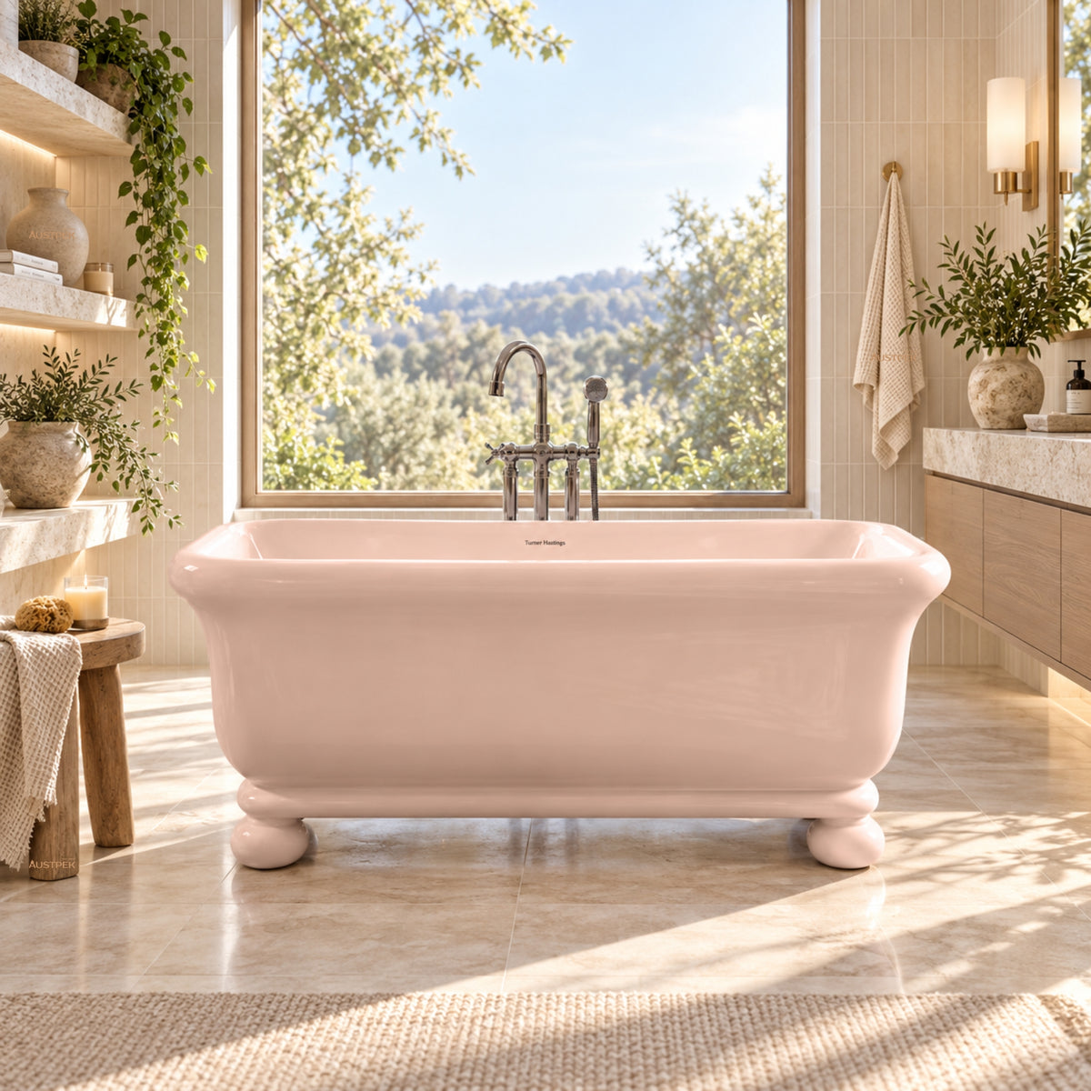 TURNER HASTINGS KIRKHAM TITANCAST FREESTANDING OVERFLOW BATHTUB WITH BALL FEET SOFT PEACH (AVAILABLE IN 1600MM AND 1800MM)