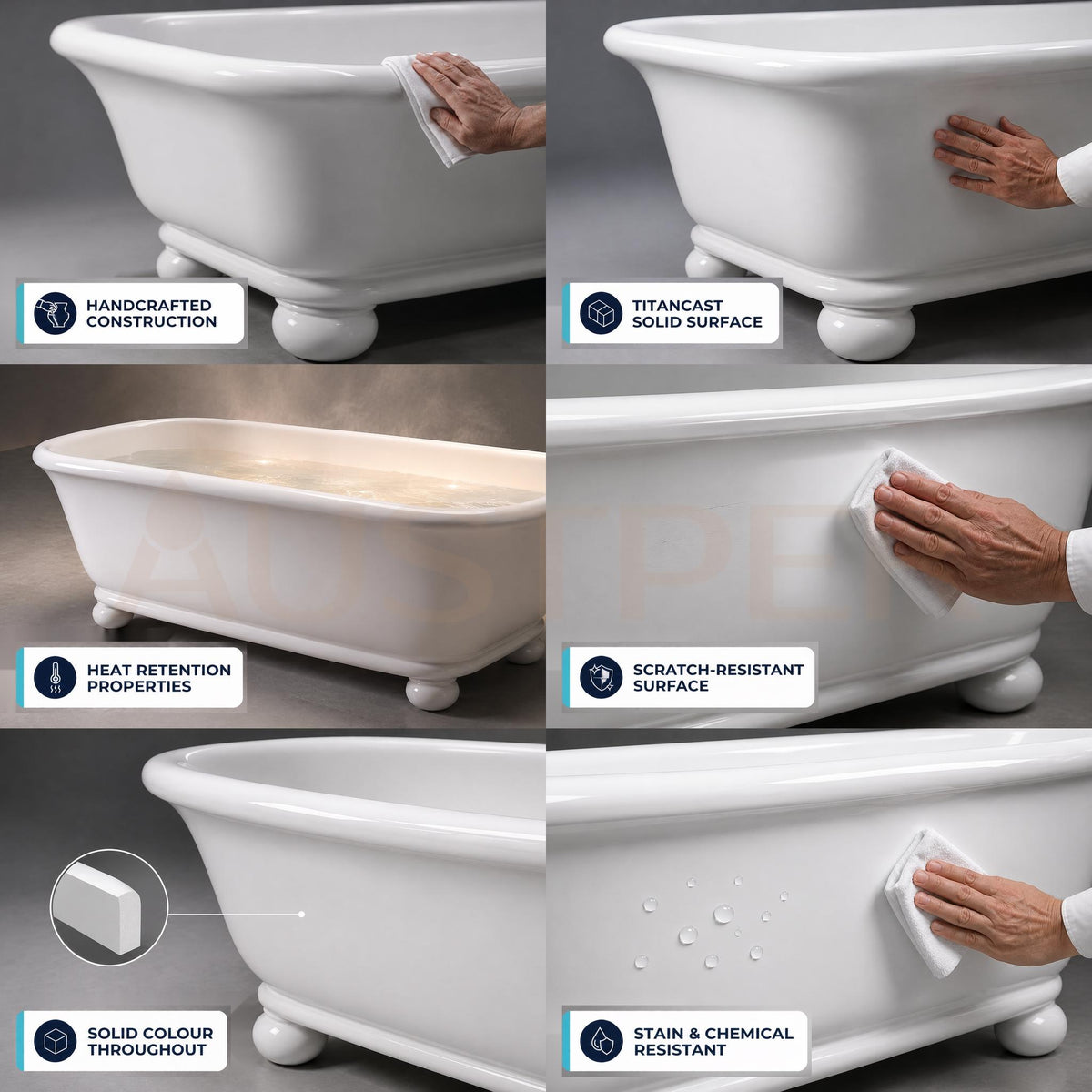 TURNER HASTINGS KIRKHAM TITANCAST SOLID SURFACE FREESTANDING BATHTUB WITH BALL FEET SATIN SILK WHITE (AVAILABLE IN 1600MM & 1800MM)