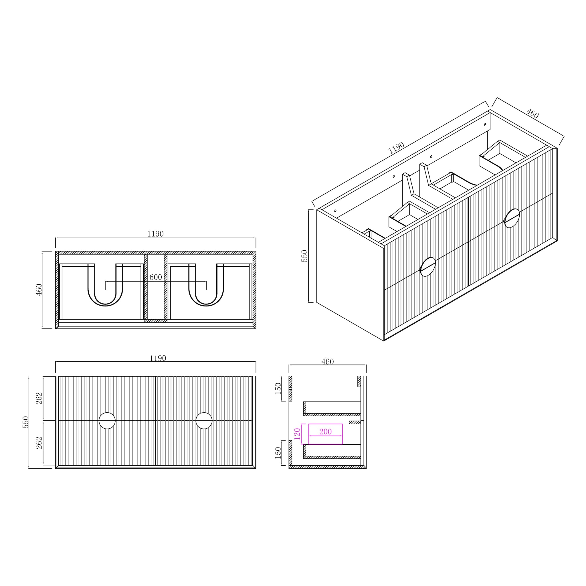 INFINITY KINGO MATTE BLACK 1200MM DOUBLE BOWL WALL HUNG VANITY