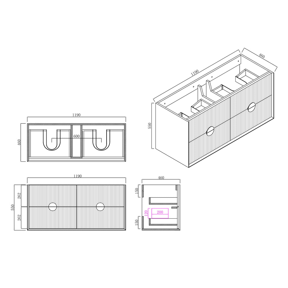 INFINITY KINGO MATTE BLACK 1200MM DOUBLE BOWL WALL HUNG VANITY