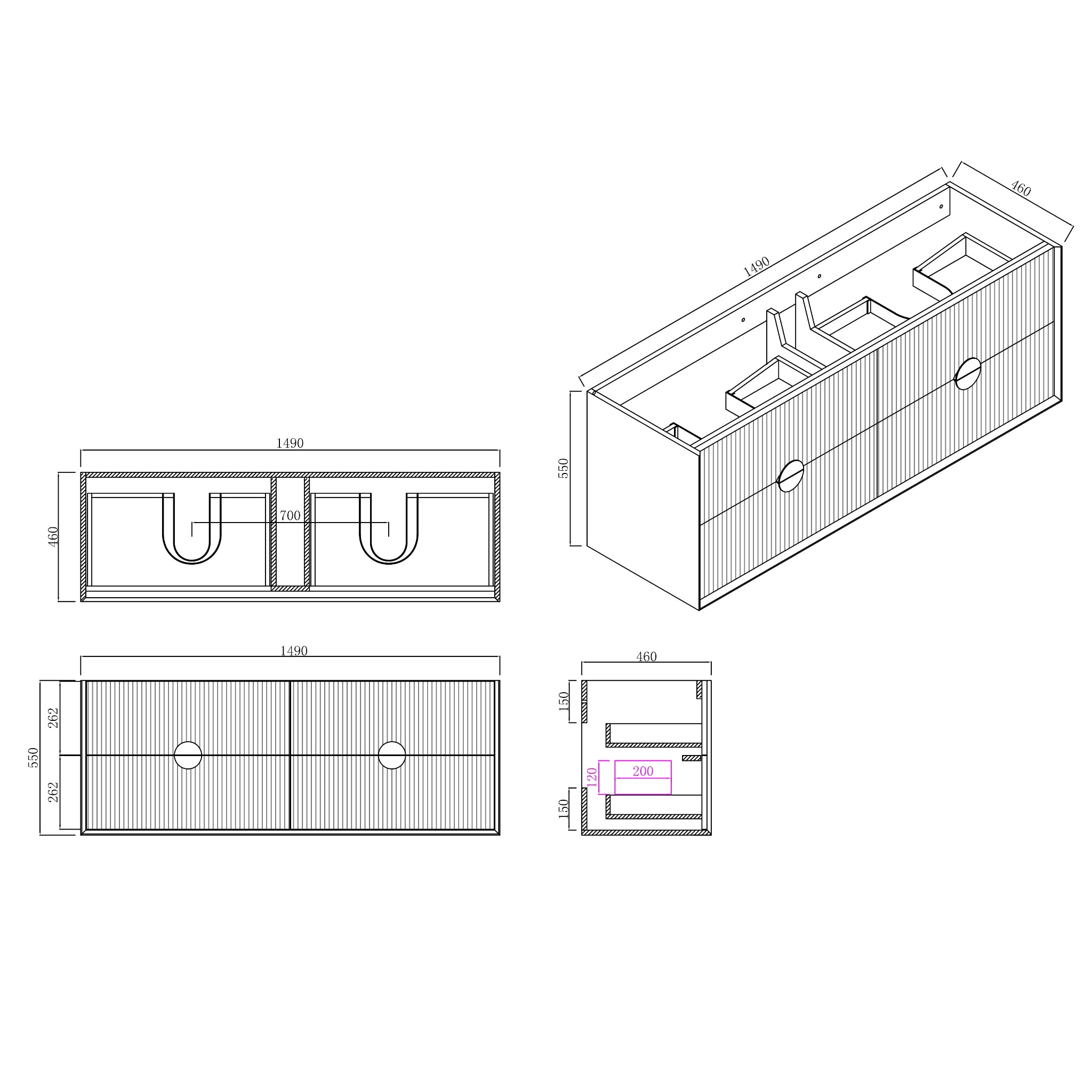 INFINITY KINGO MATTE BLACK 1500MM DOUBLE BOWL WALL HUNG VANITY