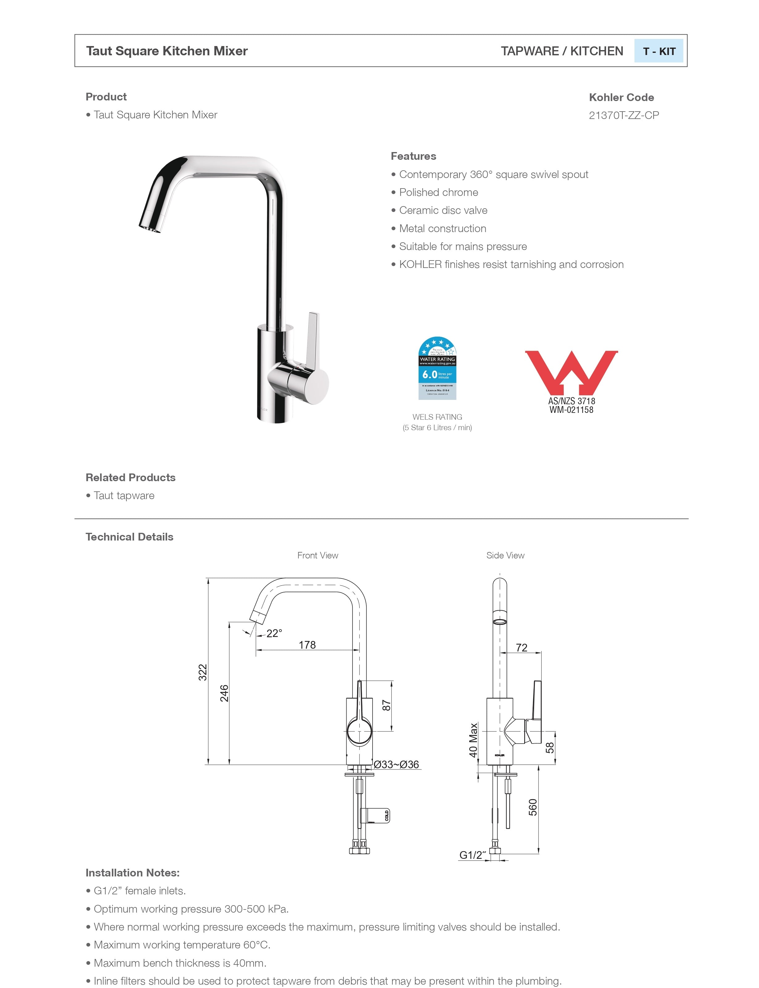 KOHLER TAUT SQUARE KITCHEN MIXER 322MM POLISHED CHROME