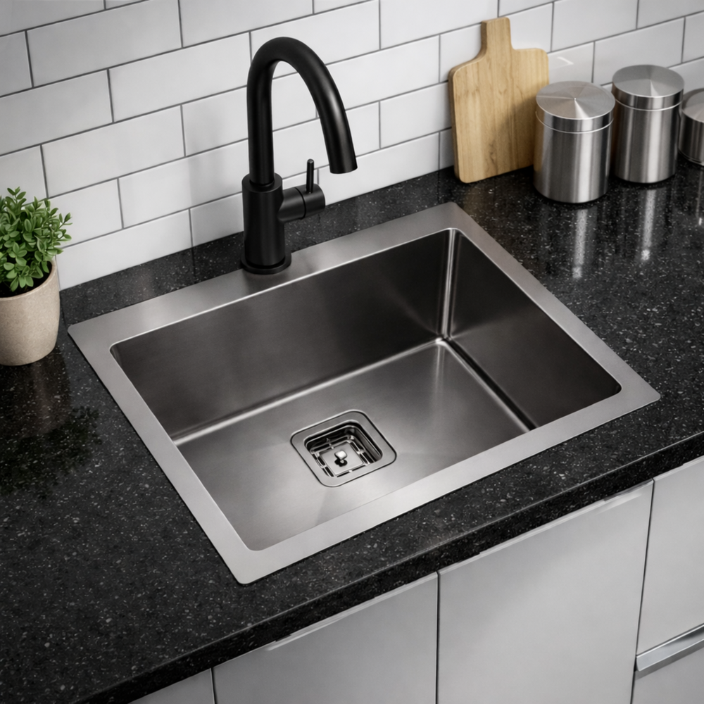 POSEIDON HANDMADE SINGLE BOWL TOP / UNDERMOUNT KITCHEN SINK GUN METAL 600MM