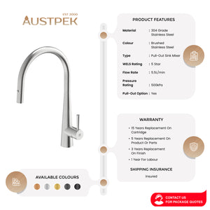 GARETH ASHTON 304 GRADE GOOSENECK PULL-OUT SINK MIXER WITH DUAL SPRAY BRUSHED STAINLESS STEEL