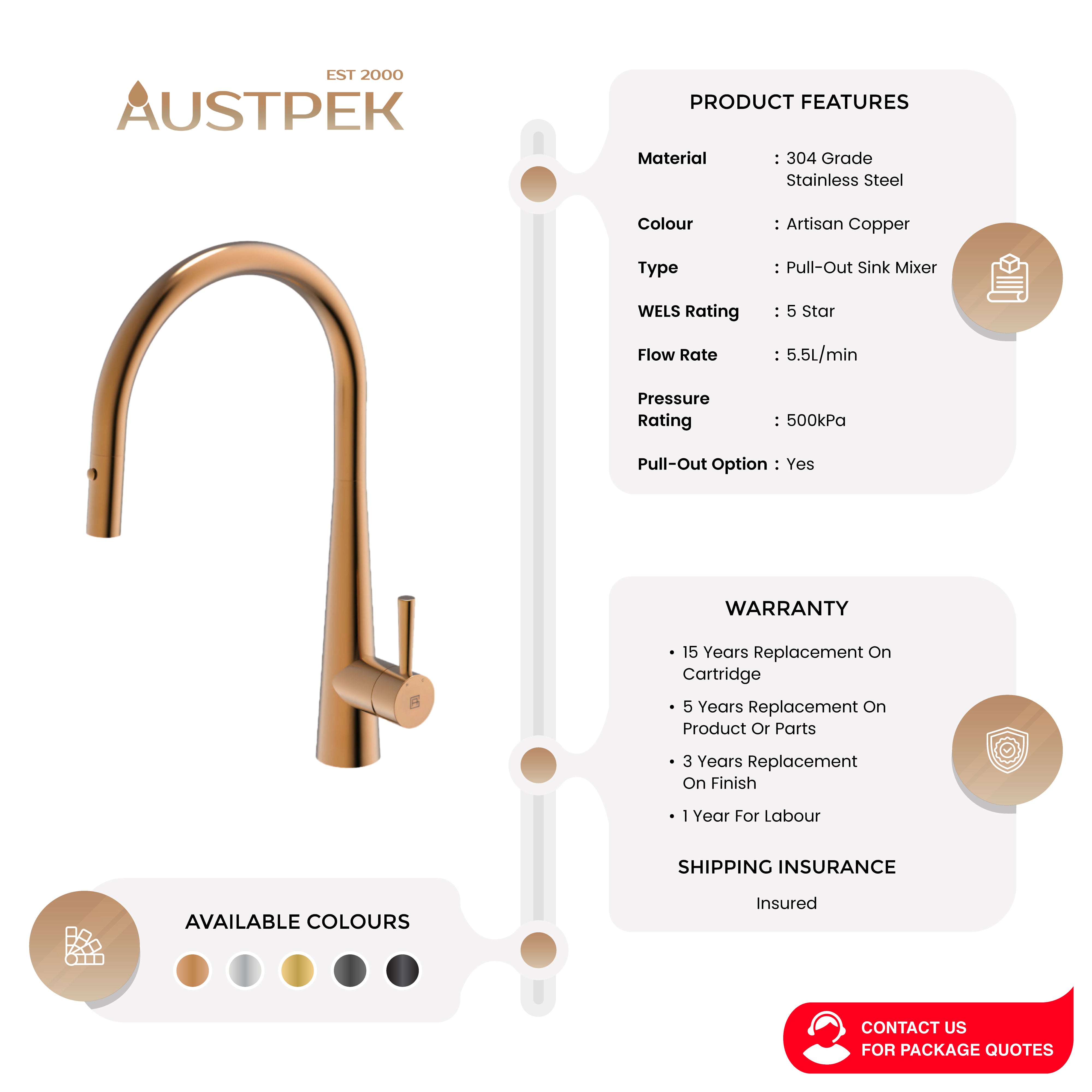 GARETH ASHTON 304 GRADE GOOSENECK PULL-OUT SINK MIXER WITH DUAL SPRAY ARTISAN COPPER