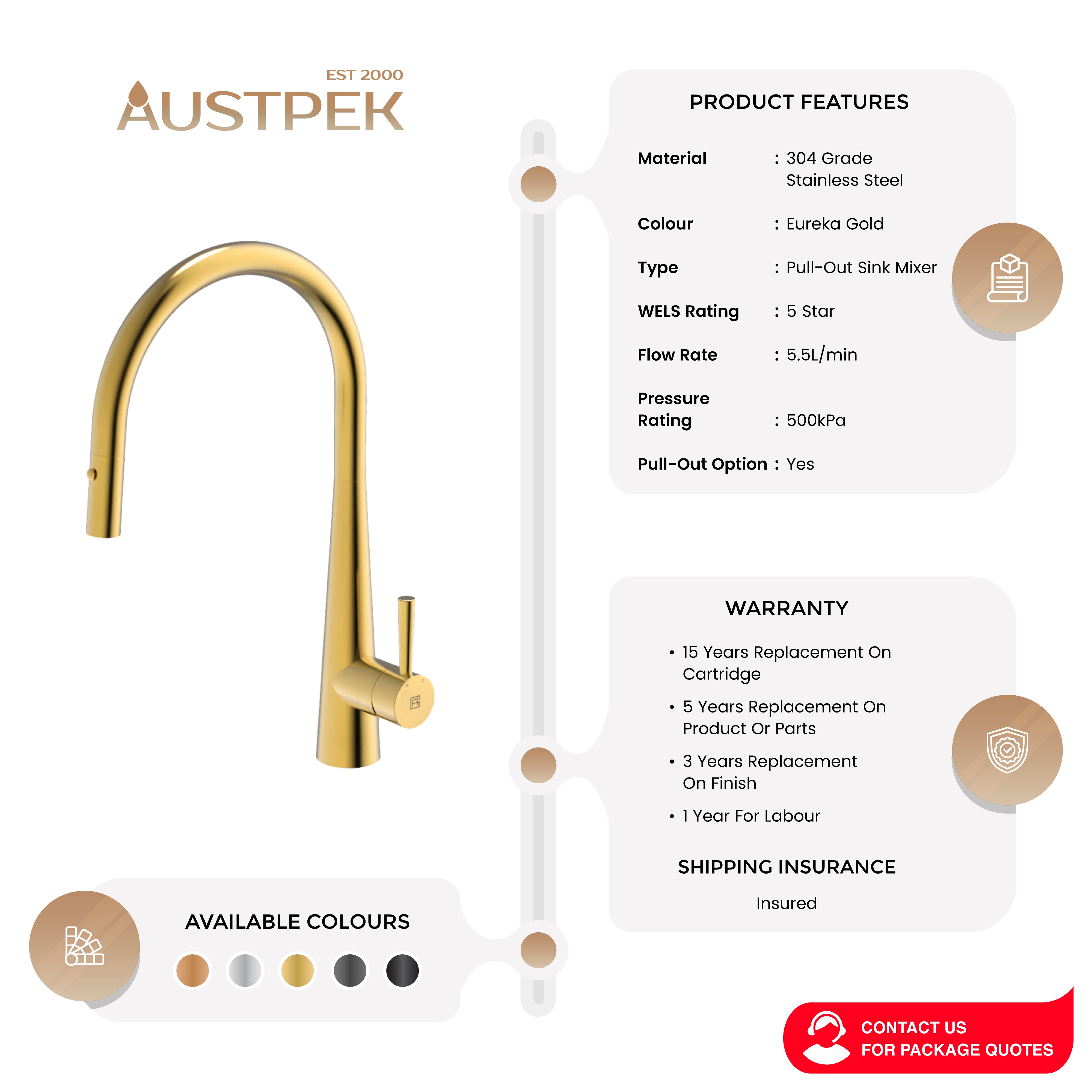 GARETH ASHTON 304 GRADE GOOSENECK PULL-OUT SINK MIXER WITH DUAL SPRAY EUREKA GOLD