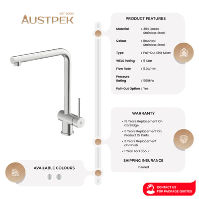 GARETH ASHTON 304 GRADE SQUARE NECK PULL-OUT SINK MIXER WITH DUAL SPRAY BRUSHED STEEL