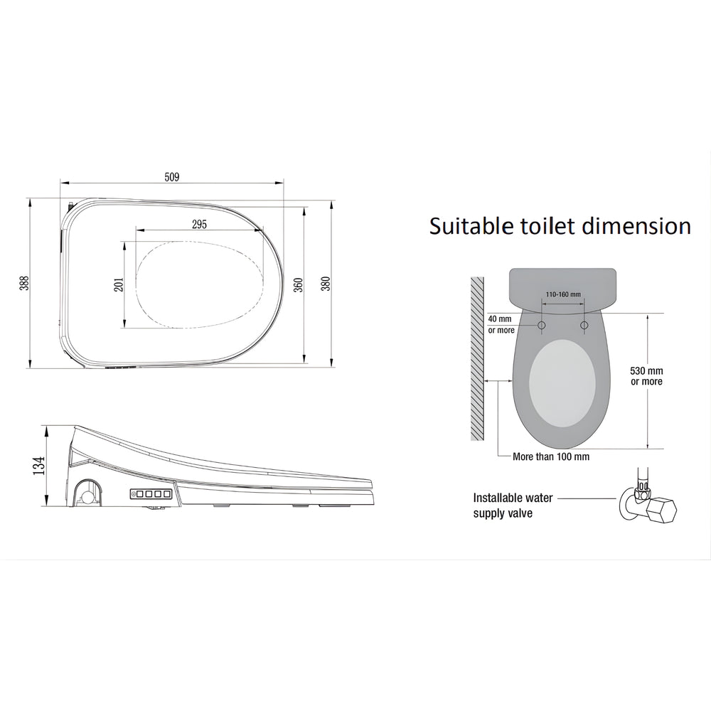 ZUMI KARE SMART BIDET SEAT WITH REMOTE CONTROL WHITE D-SHAPE