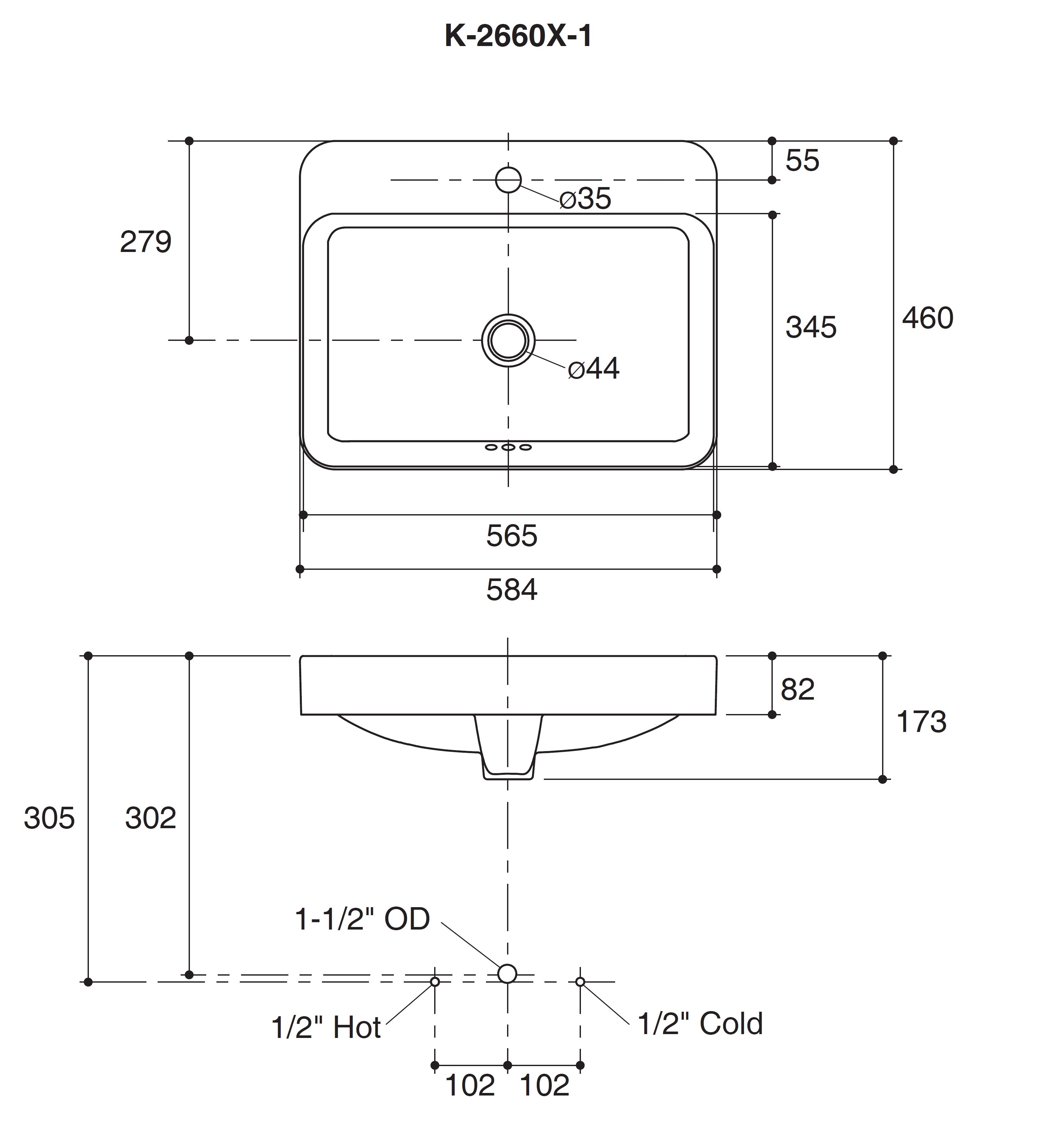 KOHLER FOREFRONT ABOVE COUNTER BASIN WHITE 584MM