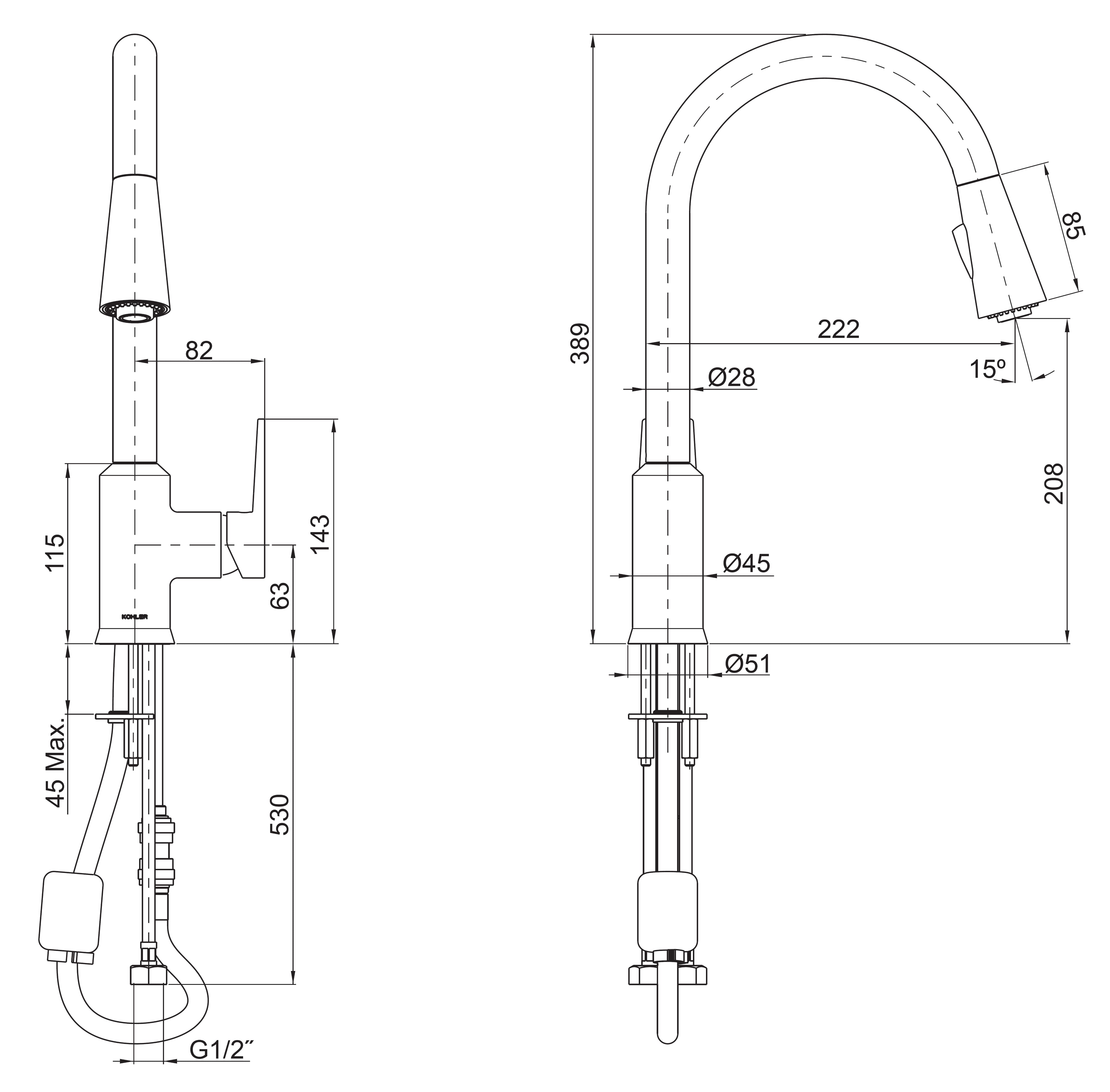 KOHLER TAUT PULL OUT SPRAY KITCHEN SINK MIXER 389MM MATTE BLACK