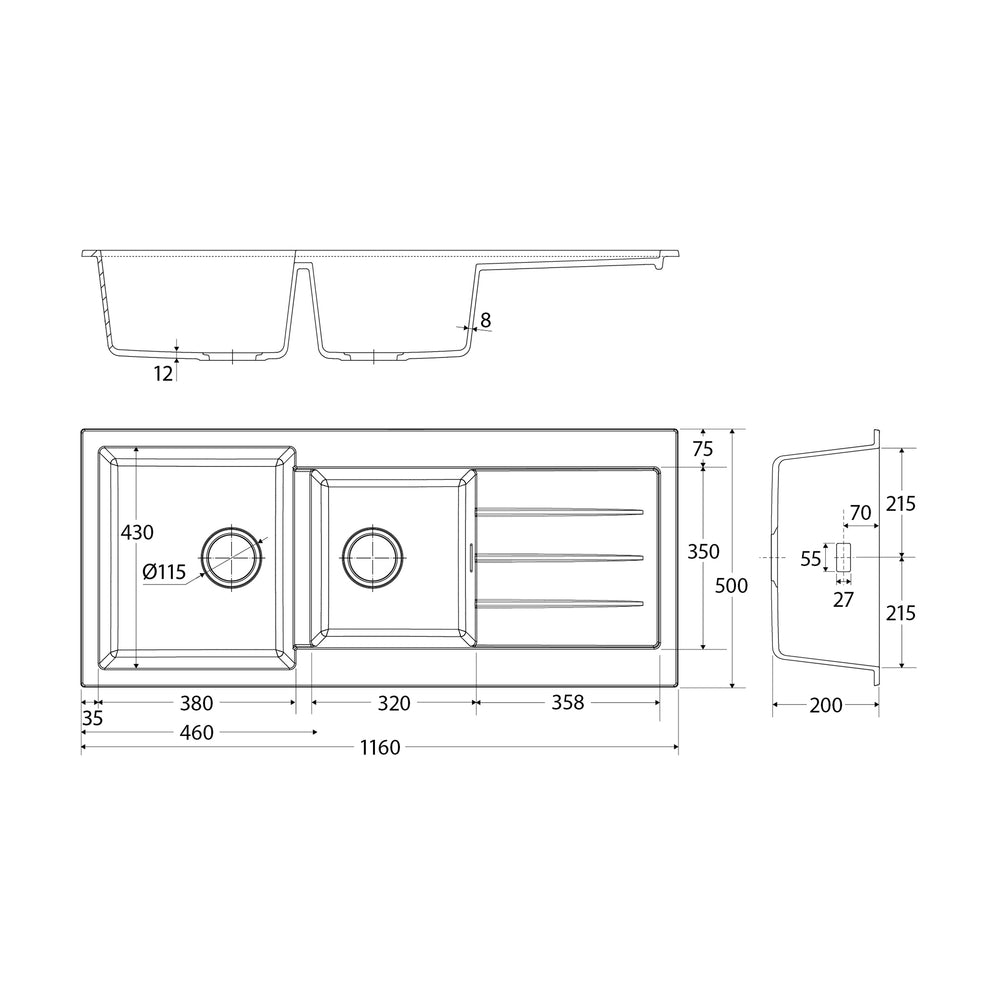 FIENZA KURO GRANITE DOUBLE BOWL KITCHEN SINK WITH DRAINER NO TAP HOLE 1160MM