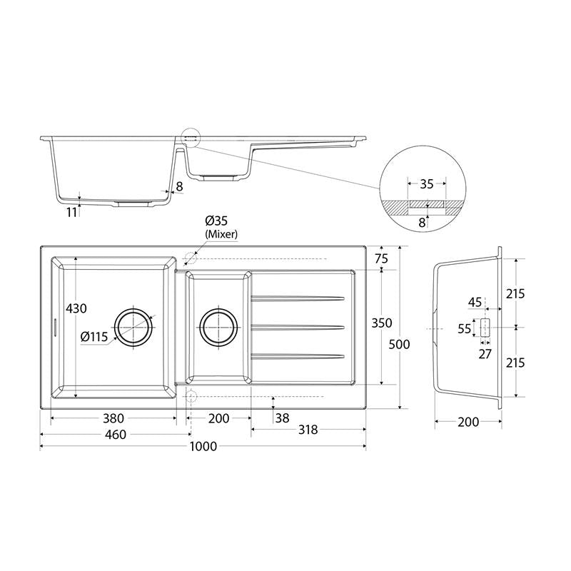 FIENZA KURO GRANITE DOUBLE BOWL KITCHEN SINK WITH DRAINER AND TAP HOLE 1000MM