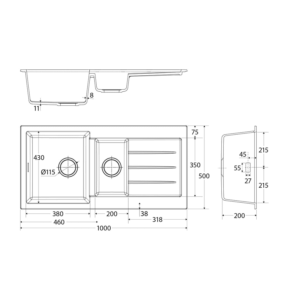 FIENZA KURO GRANITE DOUBLE BOWL KITCHEN SINK WITH DRAINER NO TAP HOLE 1000MM
