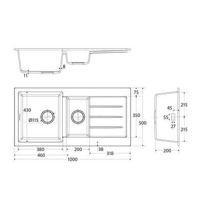 FIENZA KURO GRANITE DOUBLE BOWL KITCHEN SINK WITH DRAINER NO TAP HOLE 1000MM