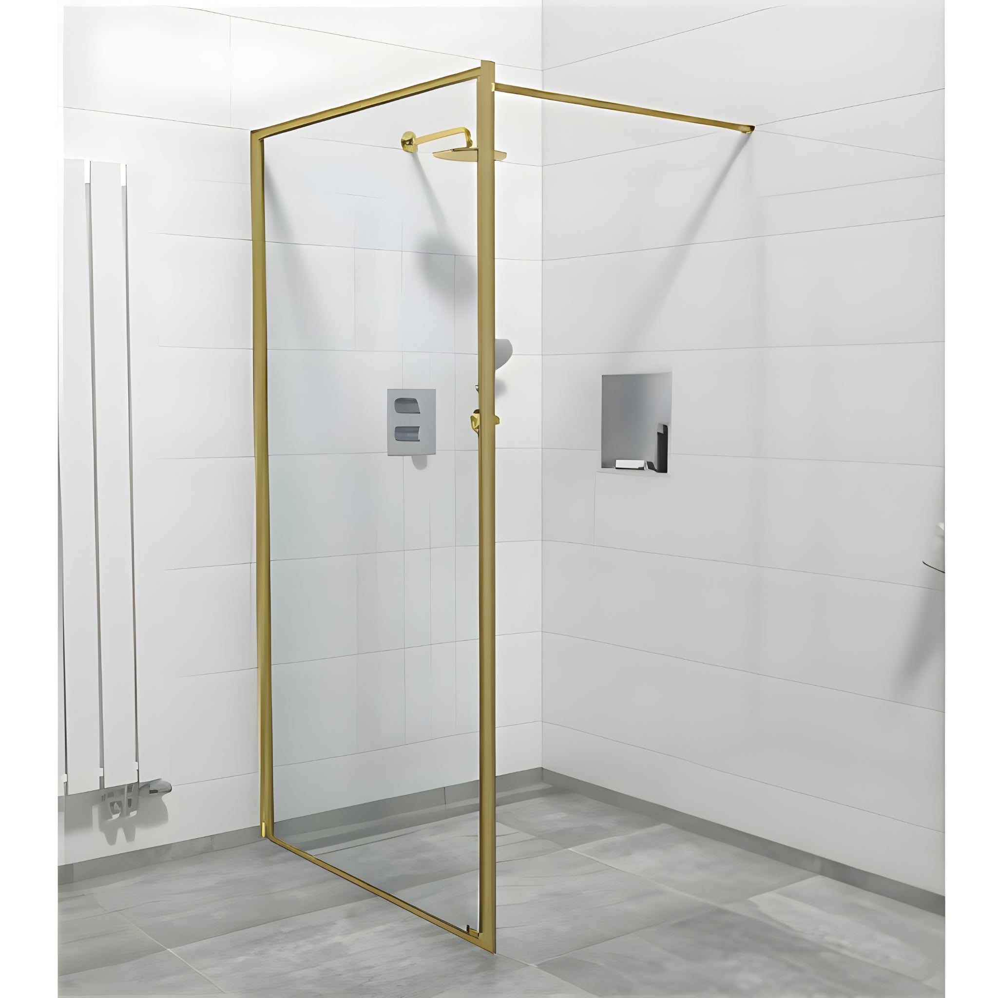 COVEY FRAMED WALK IN SINGLE PANEL WITH SUPPORT BAR SHOWER SCREEN LIGHT GOLD