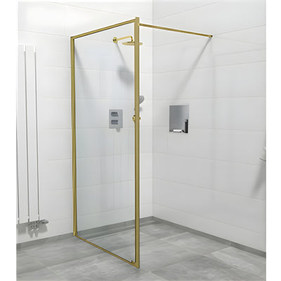 COVEY FRAMED WALK IN SINGLE PANEL WITH SUPPORT BAR SHOWER SCREEN LIGHT GOLD