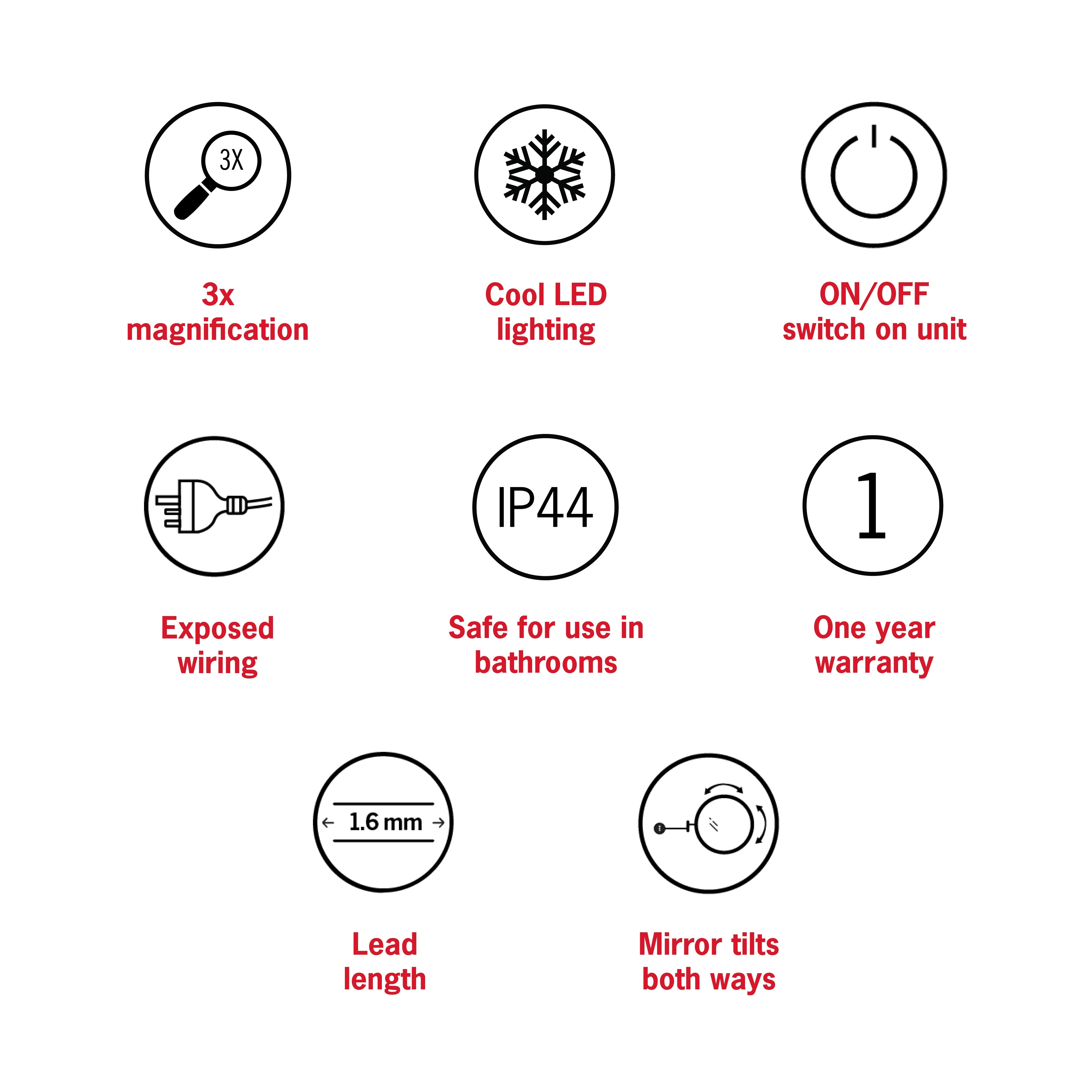 THERMOGROUP ABLAZE ROUND 3X MAGNIFICATION MIRROR WITH LIGHT CHROME 185MM