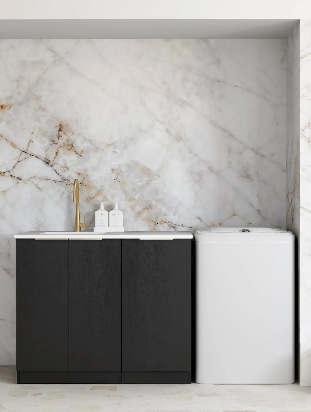 OTTI BYRON BLACK OAK 1060MM BASE LAUNDRY CABINET WITH STONE TOP & SINK