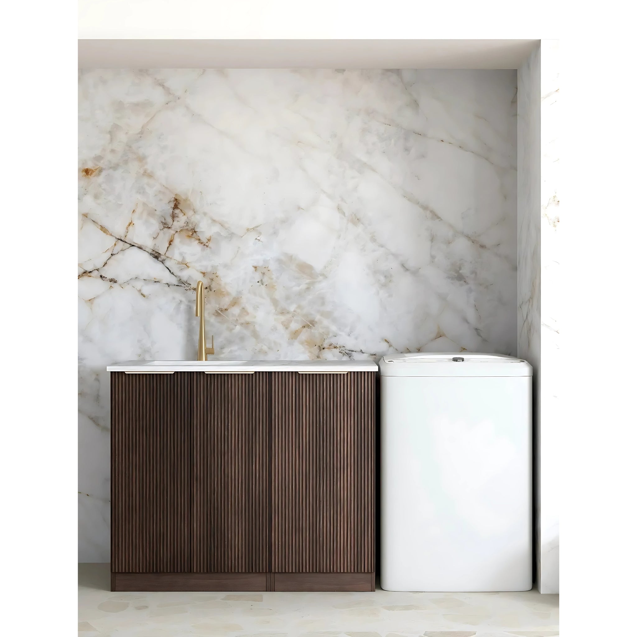 OTTI HAVANA SABLE WALNUT FLUTED 1060MM BASE LAUNDRY CABINET WITH STONE TOP & SINK