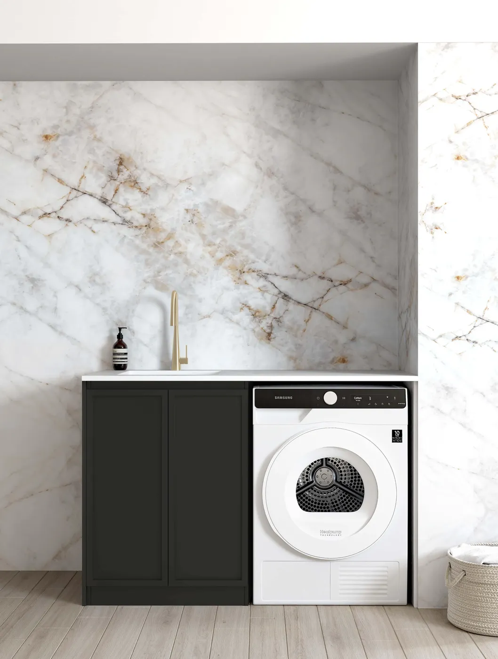 OTTI HAMPSHIRE MATTE BLACK 1300MM BASE LAUNDRY CABINET WITH STONE TOP & SINK